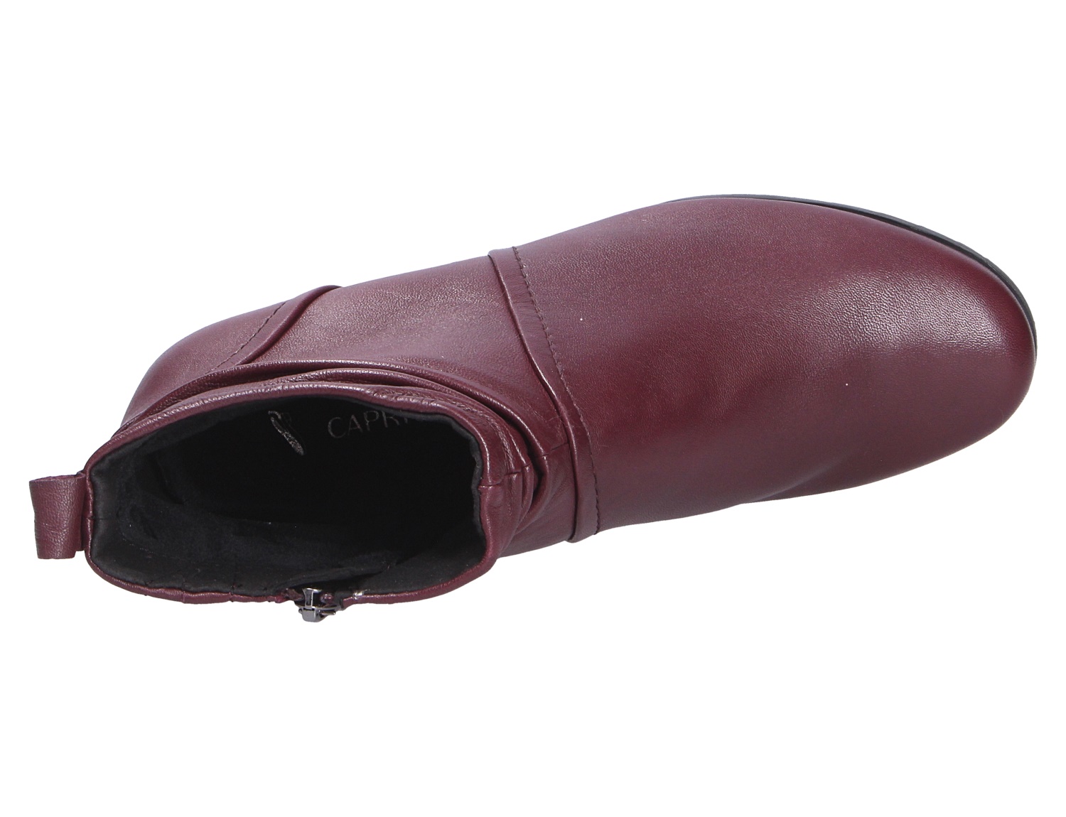 Caprice Damen Stiefel in Bordeaux aus Glattleder, Draufsicht mit Reißverschluss und runder Schuhspitze