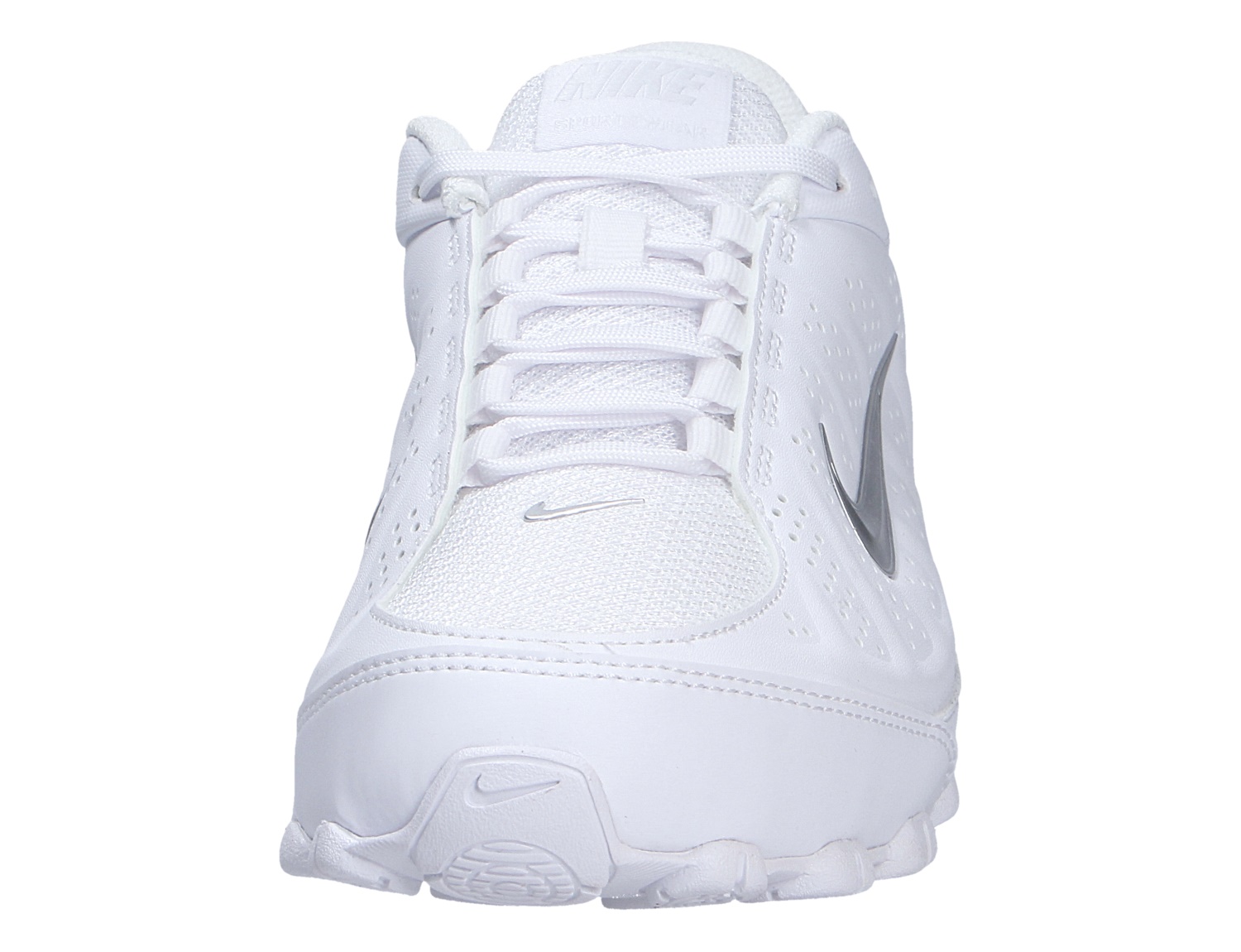 Frontalansicht des weißen Nike Reax 8 Nsw Sl Sneakers mit Schnürung und silbernem Swoosh