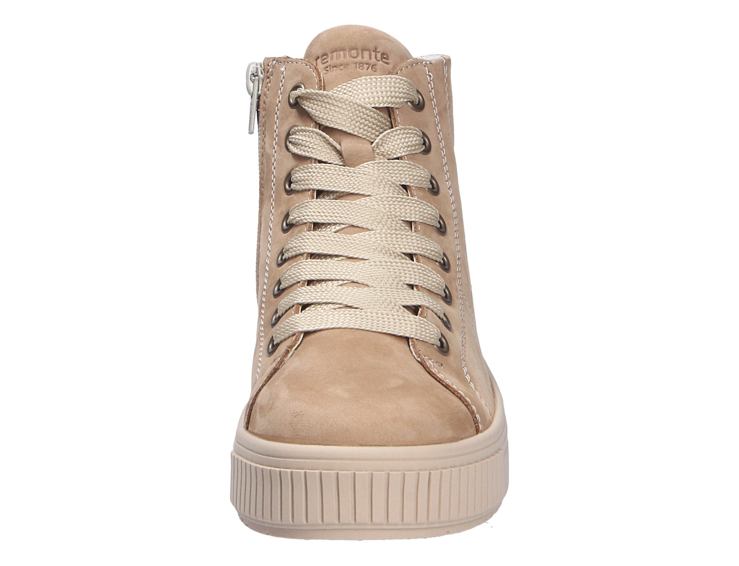 Remonte Damen Stiefel in Beige aus Vorderansicht mit breiter Schnürung, seitlichem Reißverschluss und markanter Plateau-Sohle