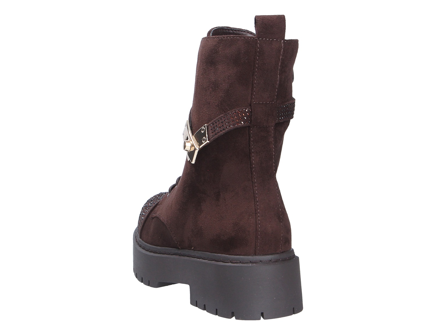 Rückansicht der dunkelbraunen La Strada Damen Stiefel aus Veloursoptik mit dekorativer Zierschnalle und robuster Profilsohle