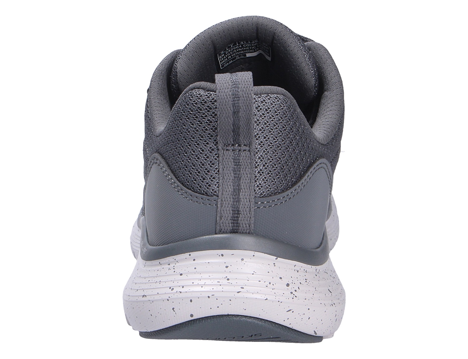 Rückansicht des grauen Skechers Fles Advantage Sneakers mit gepolstertem Schaft, Mesh-Obermaterial und weiß gesprenkelter Sohle