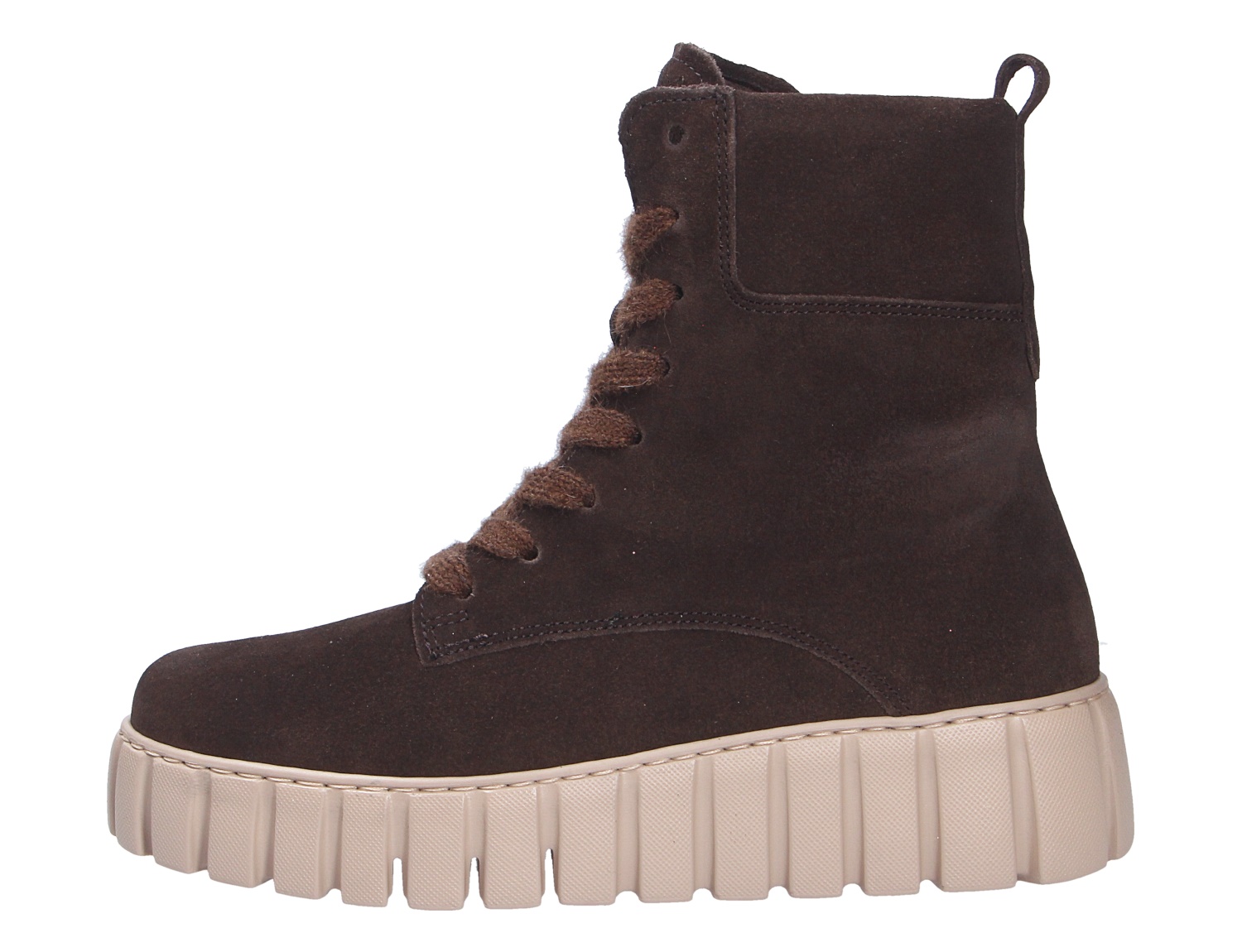 Gabor Damen Stiefel in Dunkelbraun aus Veloursleder, seitliche Ansicht mit Schnürung, Zuglasche und heller profilierter Plateausohle