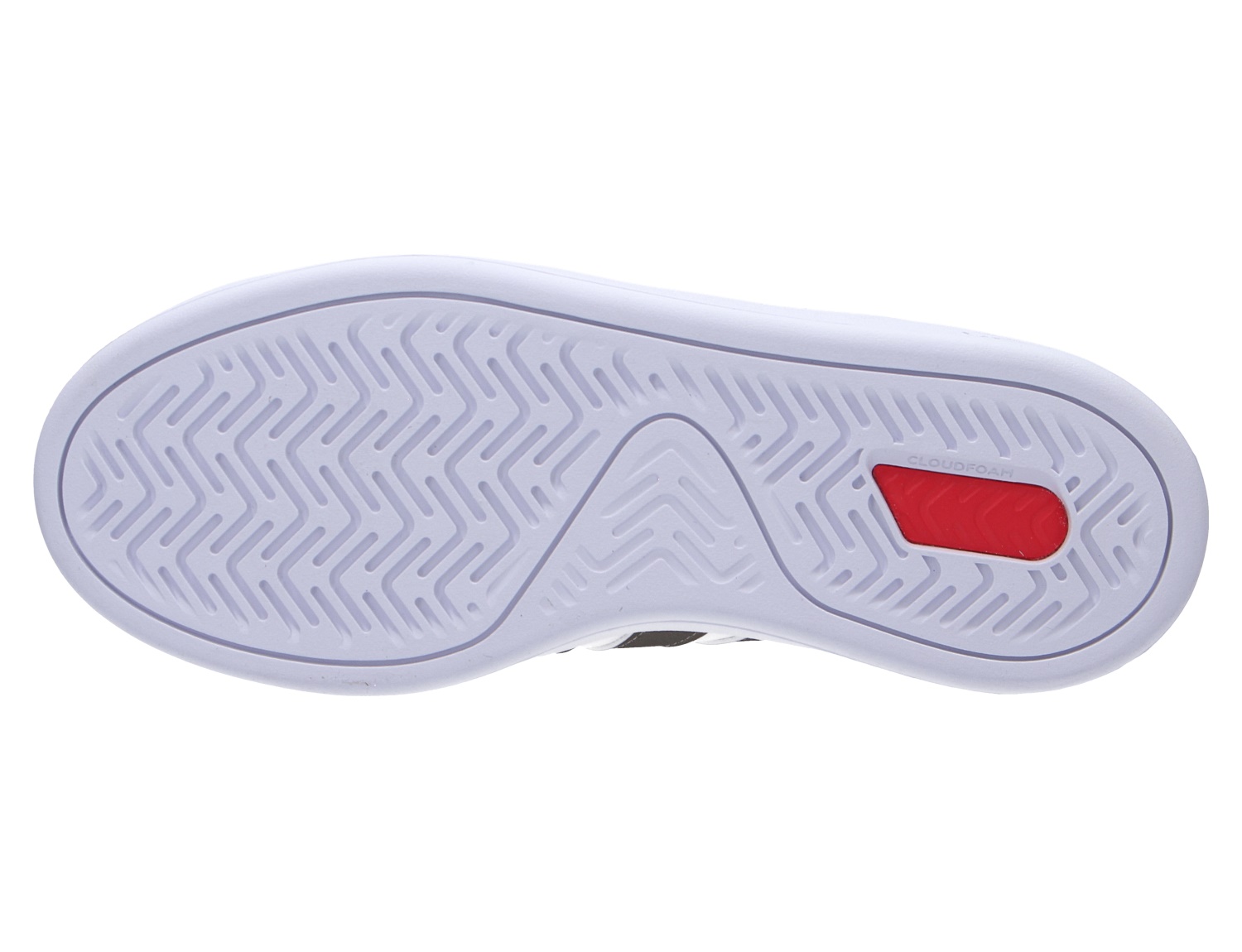 Unteransicht der weißen Profilsohle des Adidas GRAND COURT 3.0 Sneakers mit rotem Dämpfungseinsatz