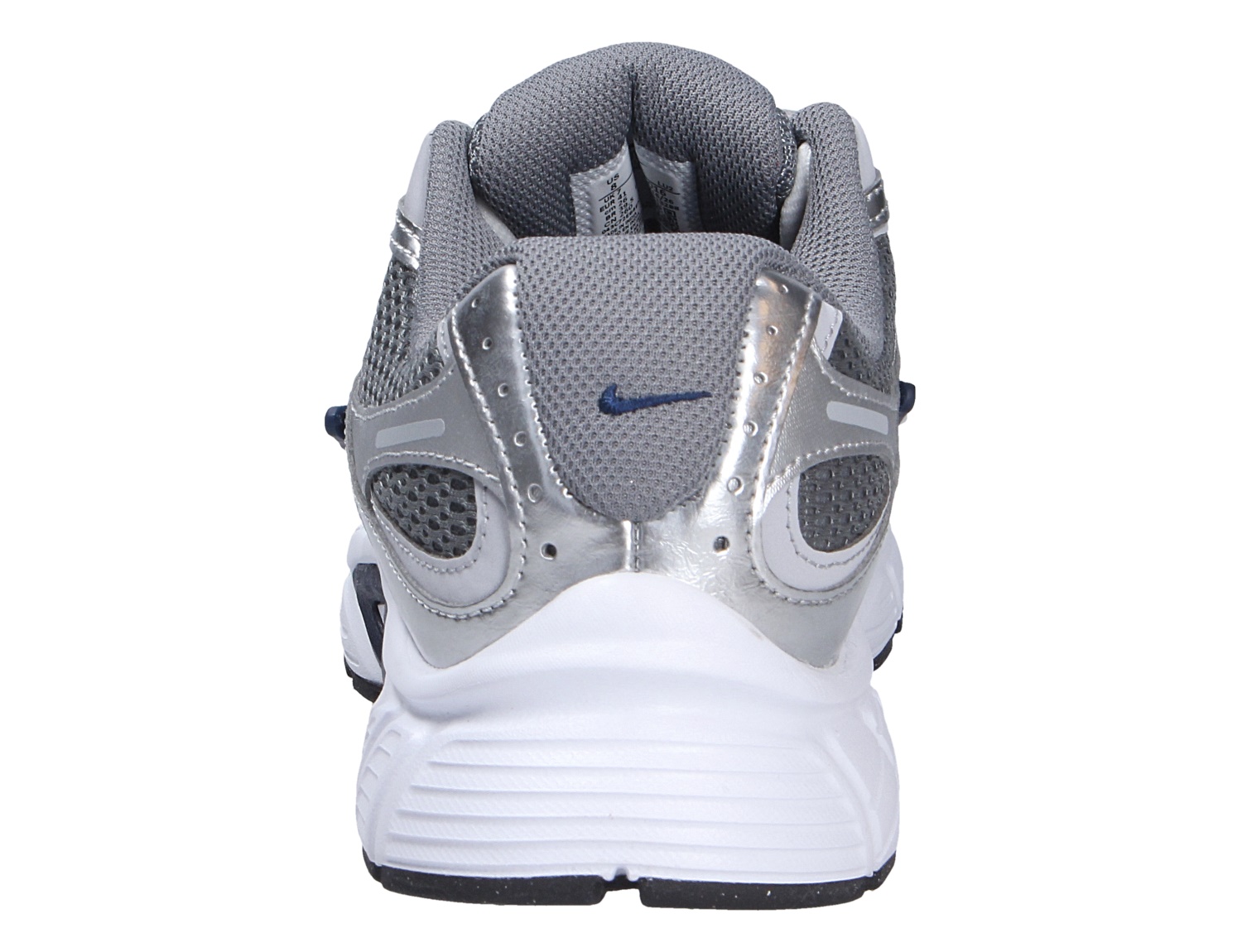Rückansicht des Nike V5 RNR Sneakers in Grau und Silber mit atmungsaktivem Mesh, gepolstertem Schaft und weißer Sohle