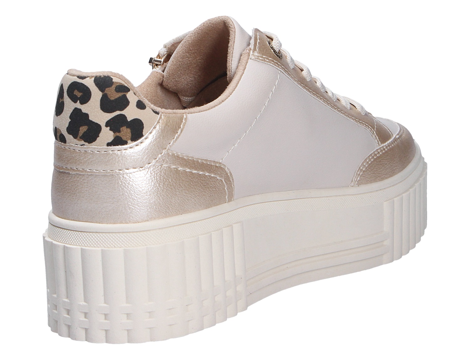 Marco Tozzi Damen Sneaker, weiße Low-Top-Sneaker mit champagnerfarbenen Metallic-Details, Leo-Print an der Ferse und markanter weißer Plateausohle, Rückansicht