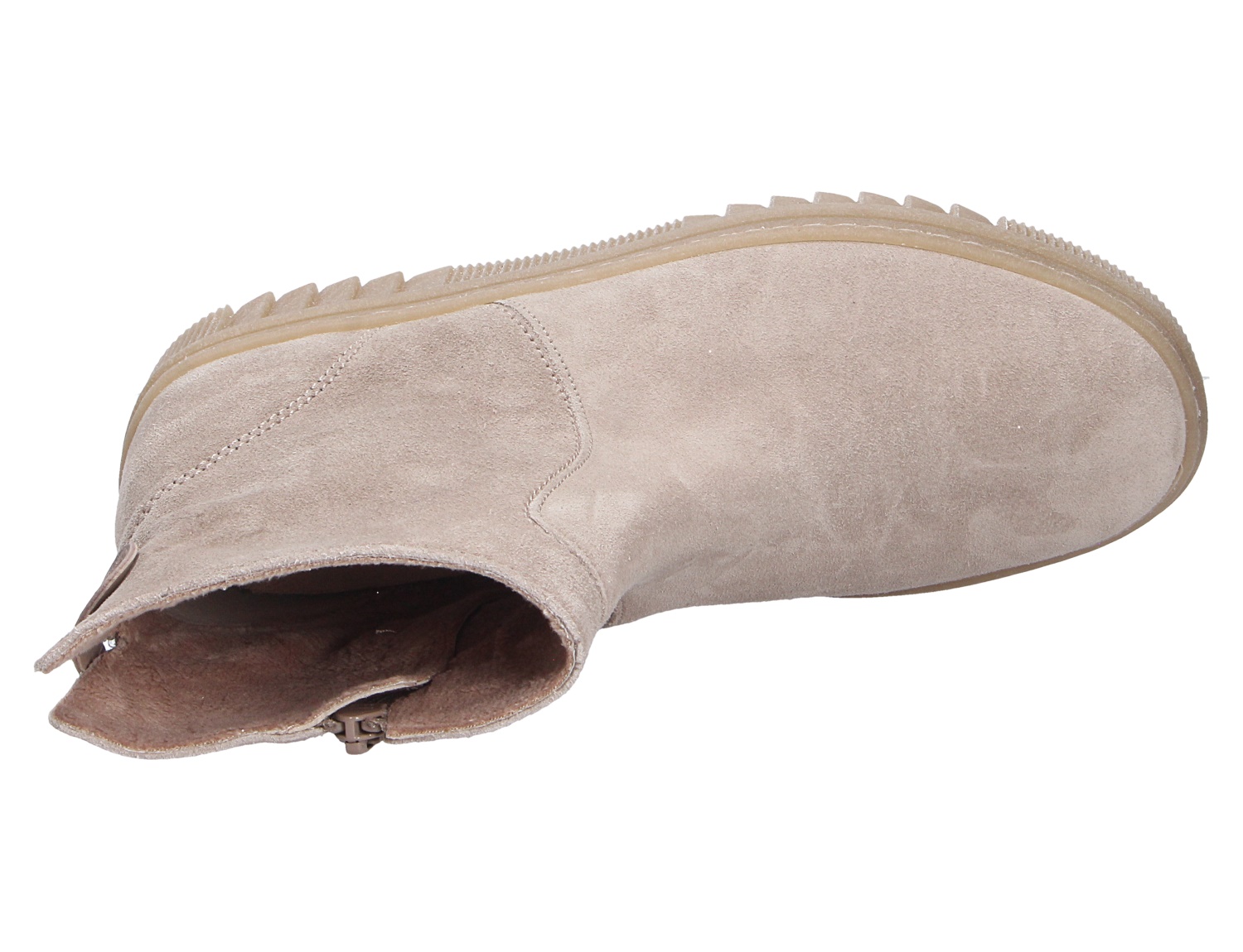 Gabor Damen Stiefel in Beige aus Veloursleder, Ansicht von oben mit Reißverschluss und markanter Profilsohle