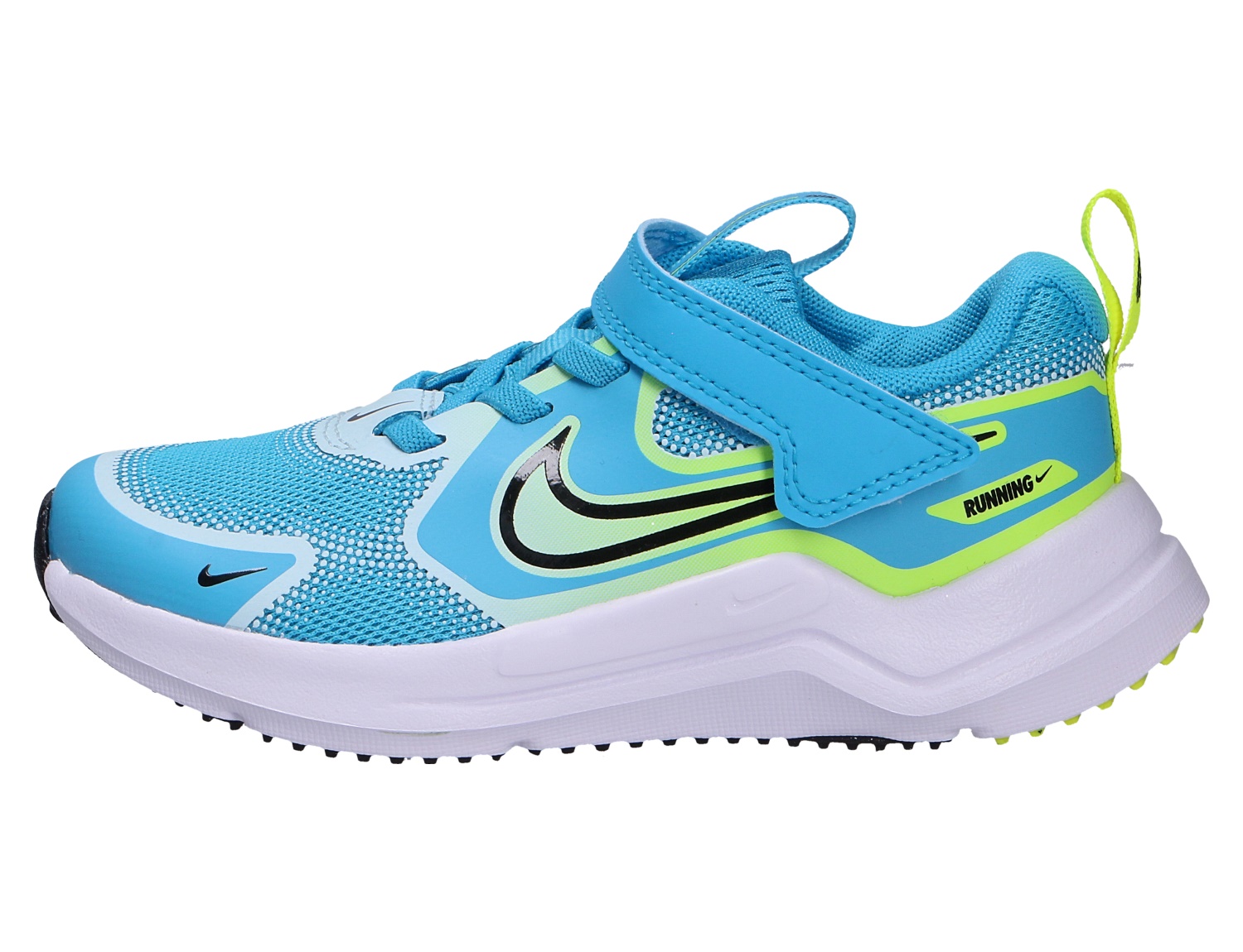 Nike Cosmic Runner Kinder-Laufschuh, seitliche Ansicht, blau mit neongelben Details, Mesh-Obermaterial, Klettverschluss und weißer Laufsohle