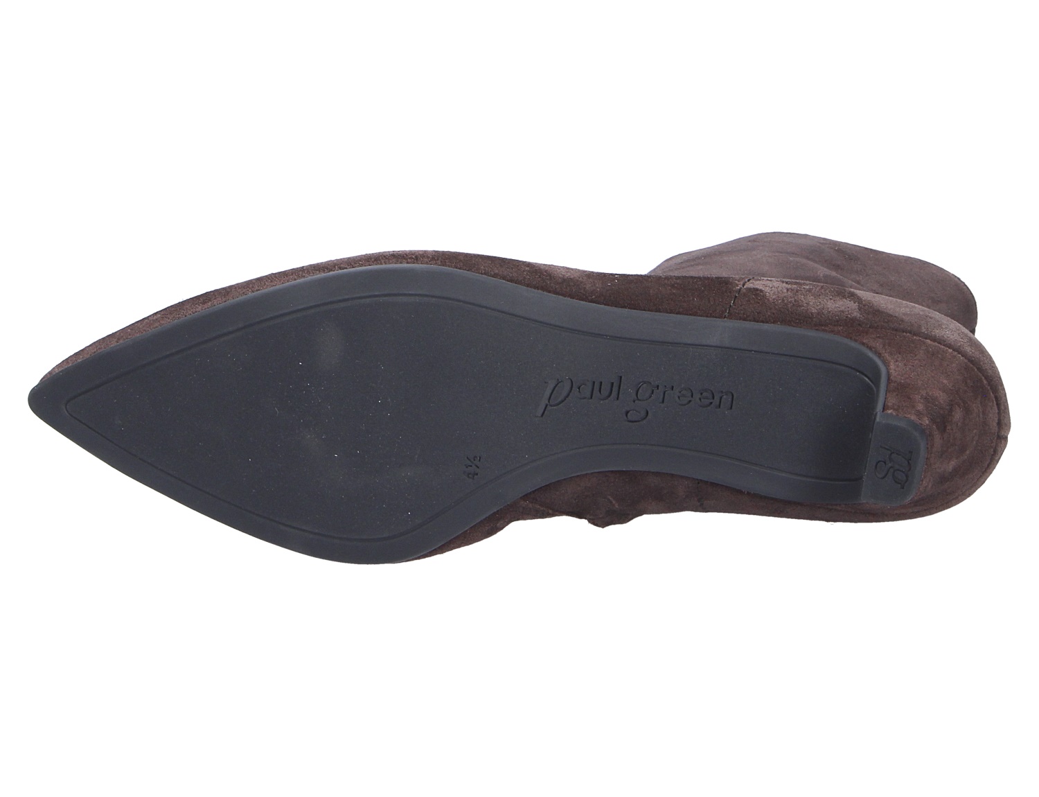 Sohlenansicht der Paul Green Damen Stiefel aus braunem Wildleder mit spitzer Form und schwarzer Laufsohle