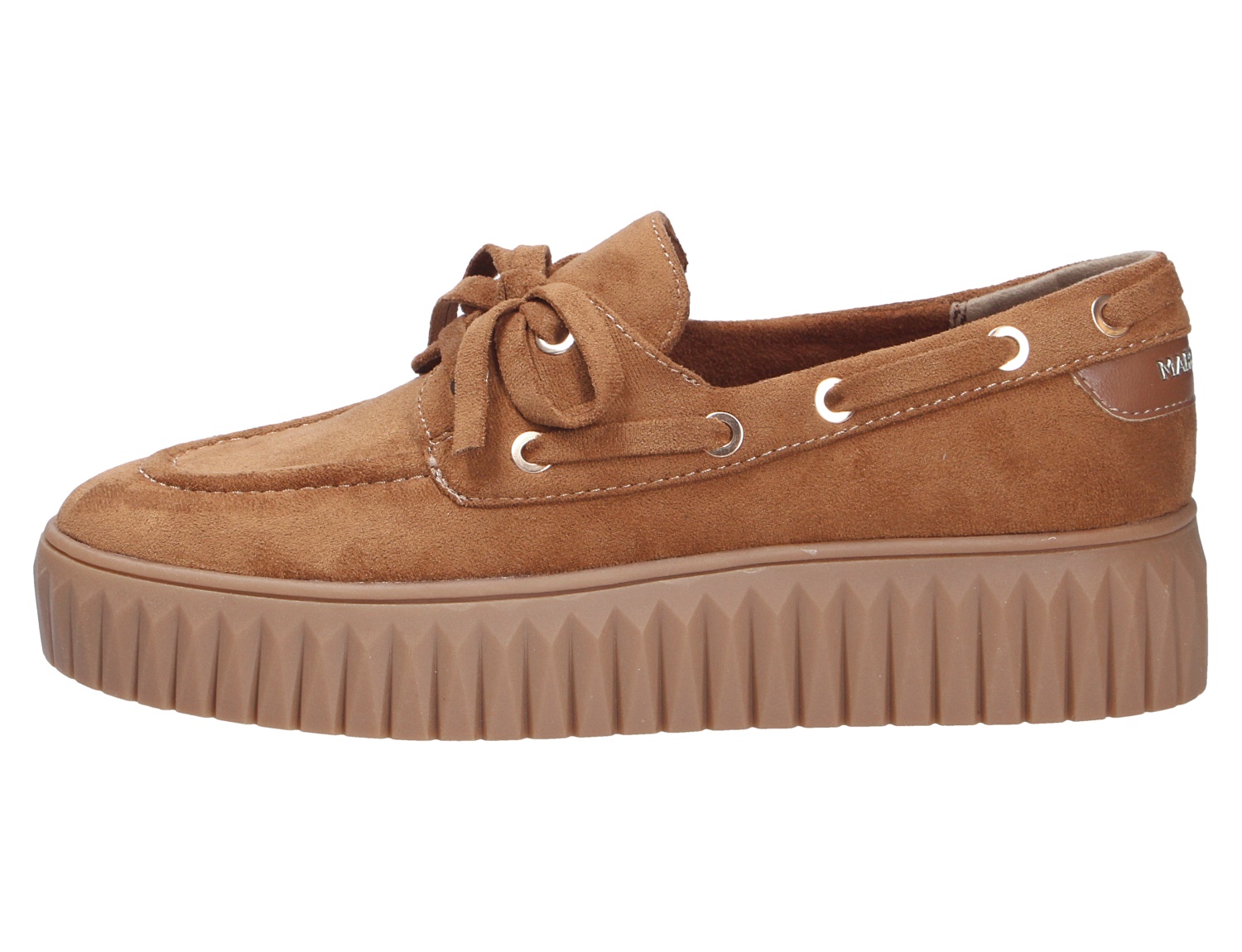 Seitliche Ansicht der Marco Tozzi Damen Schnürschuhe in Braun aus Veloursleder mit Schnürung und markanter Plateausohle