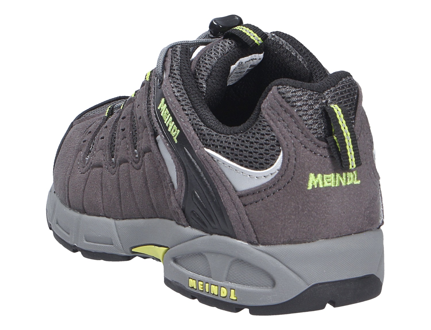 Meindl Snap Junior Kinderschuh in Grau mit neongrünen Details, robuste Sohle sowie Rück- und Seitenansicht