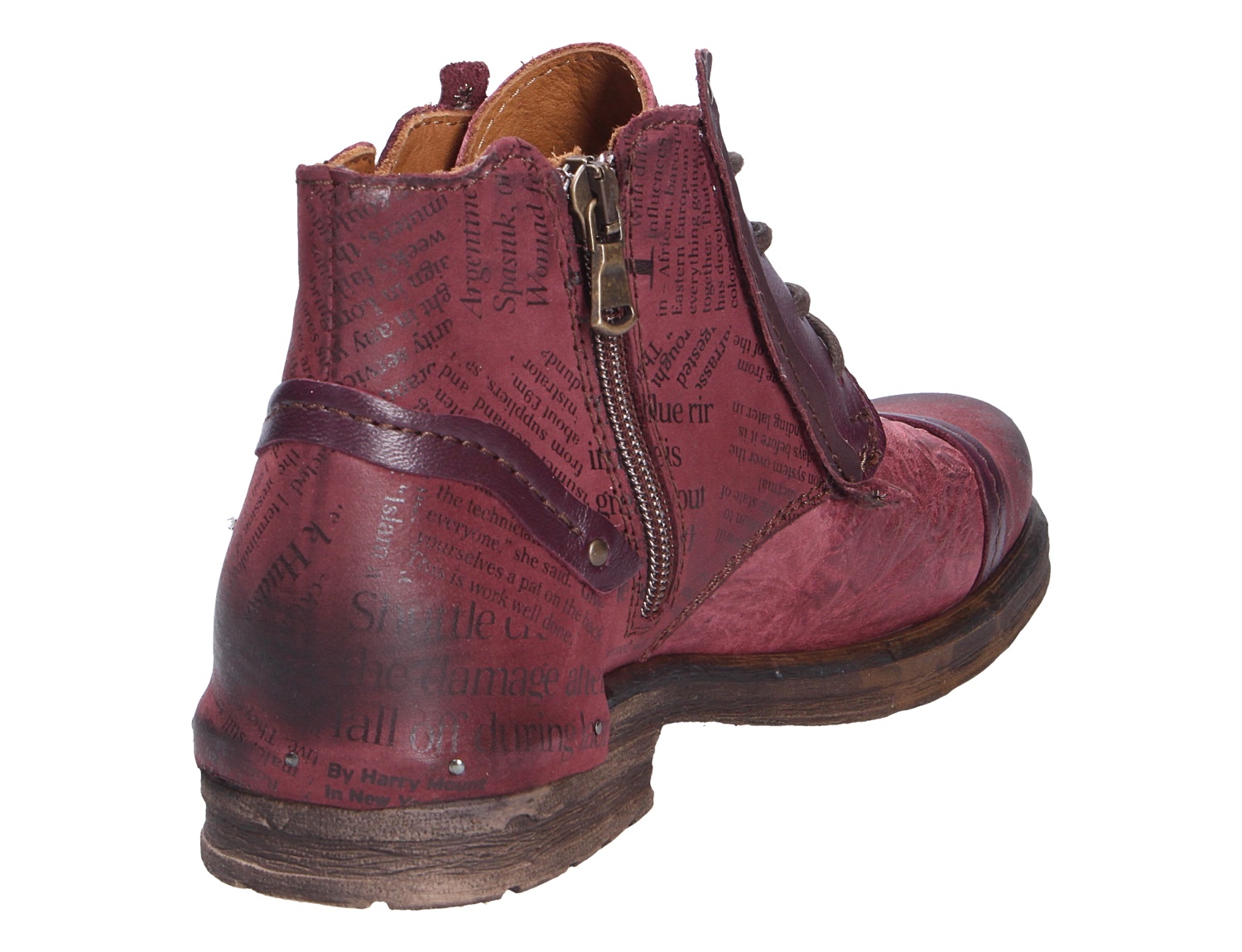 Charme ETNIC Damen-Stiefelette in Bordeaux, Rück- und Seitenansicht, mit Schriftprint, Lederriemen und seitlichem Reißverschluss