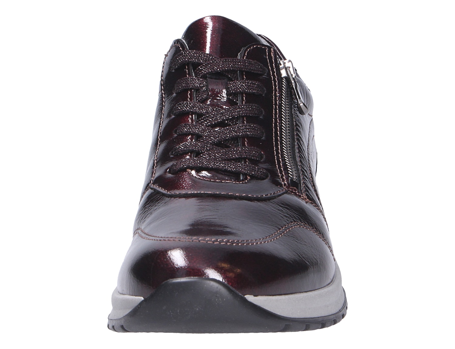 Frontalansicht des Waldläufer H-Inessa Damen-Sneakers aus bordeauxfarbenem Lackleder mit Schnürung, seitlichem Reißverschluss und sportlicher Sohle