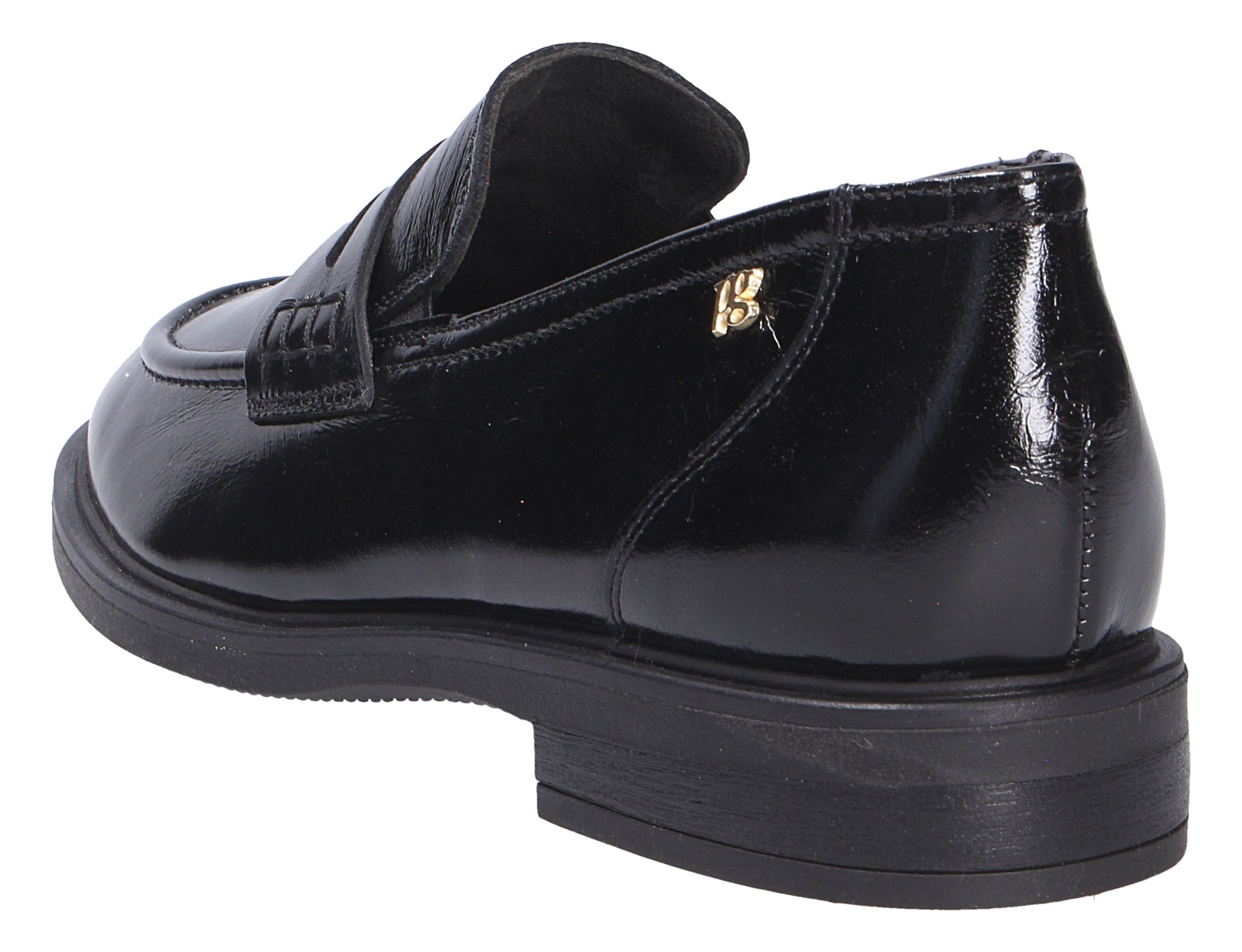 Paul Green Damen Slipper aus schwarzem Lackleder mit Penny-Loafer-Detail und flacher Sohle in seitlicher Rückansicht