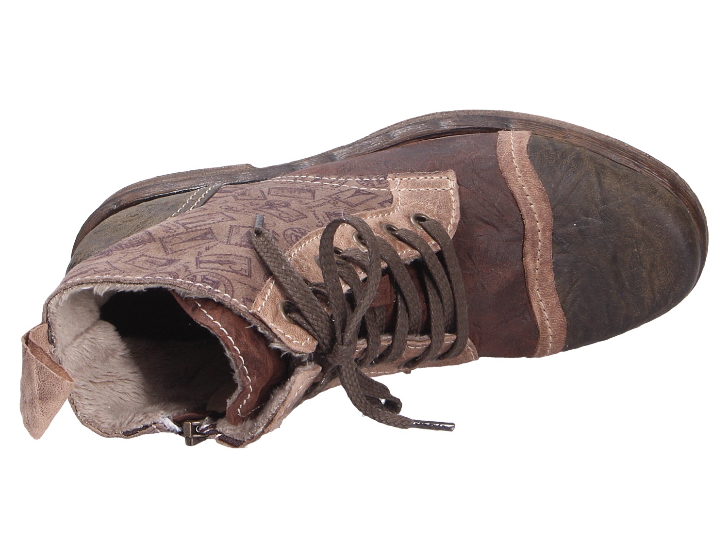 Charme Etnic 9 braune Schnürstiefelette mit Reißverschluss, Musterdetails und warmem Innenfutter, Produktansicht von oben