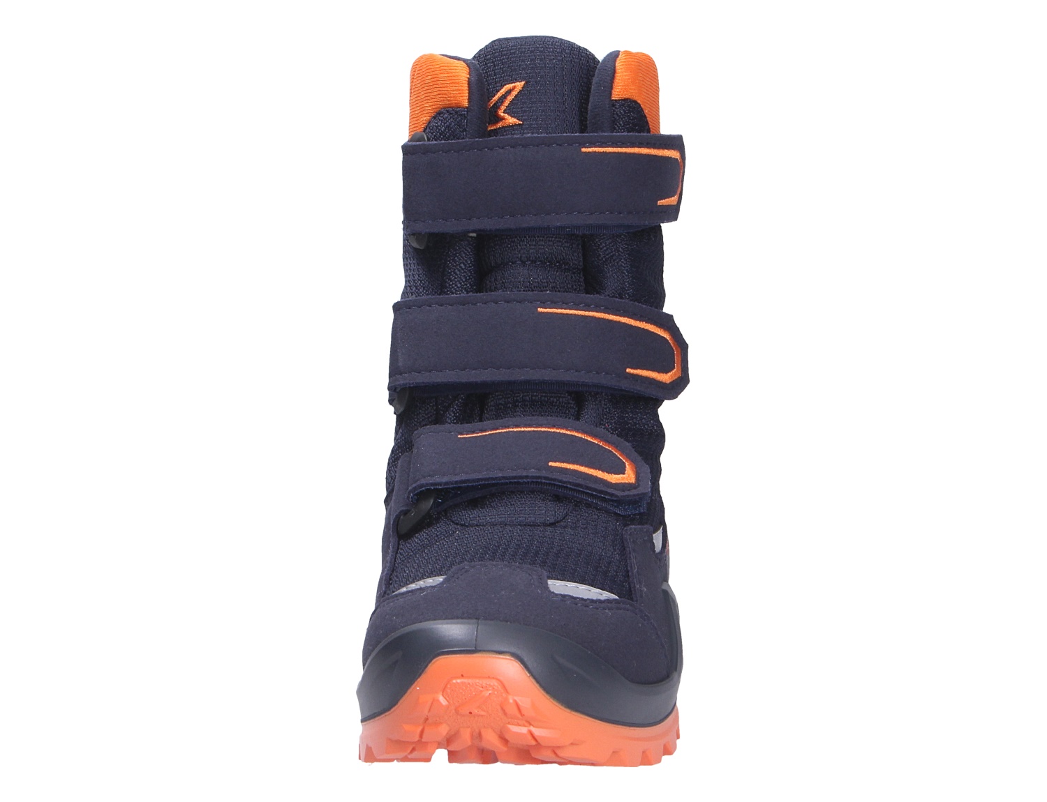 Frontansicht des Lowa MILO EVO GTX HI JR Kinder-Winterstiefels in Dunkelblau mit drei Klettverschlüssen und orangefarbener Profilsohle