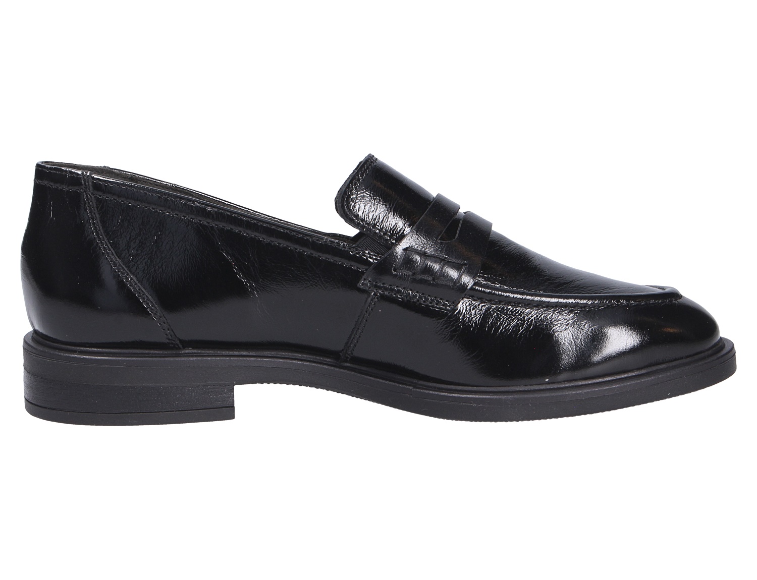Paul Green Damen Slipper aus schwarzem, glänzendem Leder mit klassischer Spange und flachem Absatz, seitliche Produktansicht