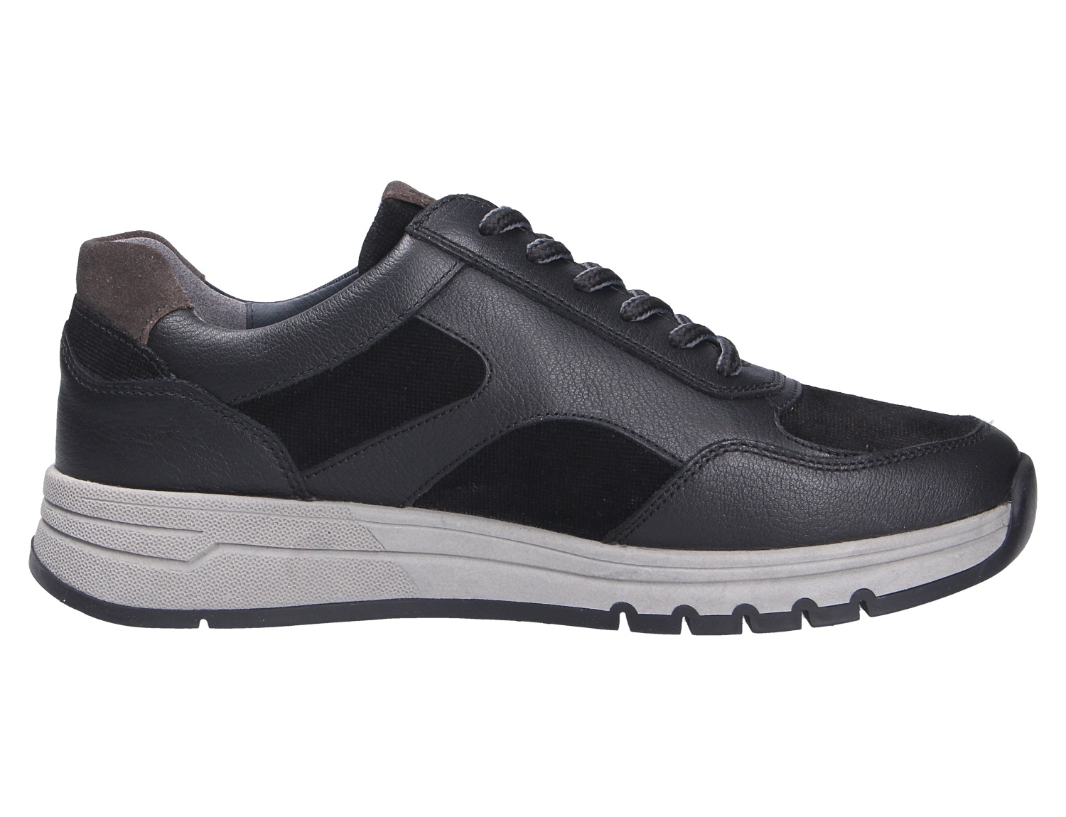 Waldläufer H-Anton schwarzer Sneaker aus Leder-Textil-Mix mit Schnürung und heller Profilsohle in Seitenansicht