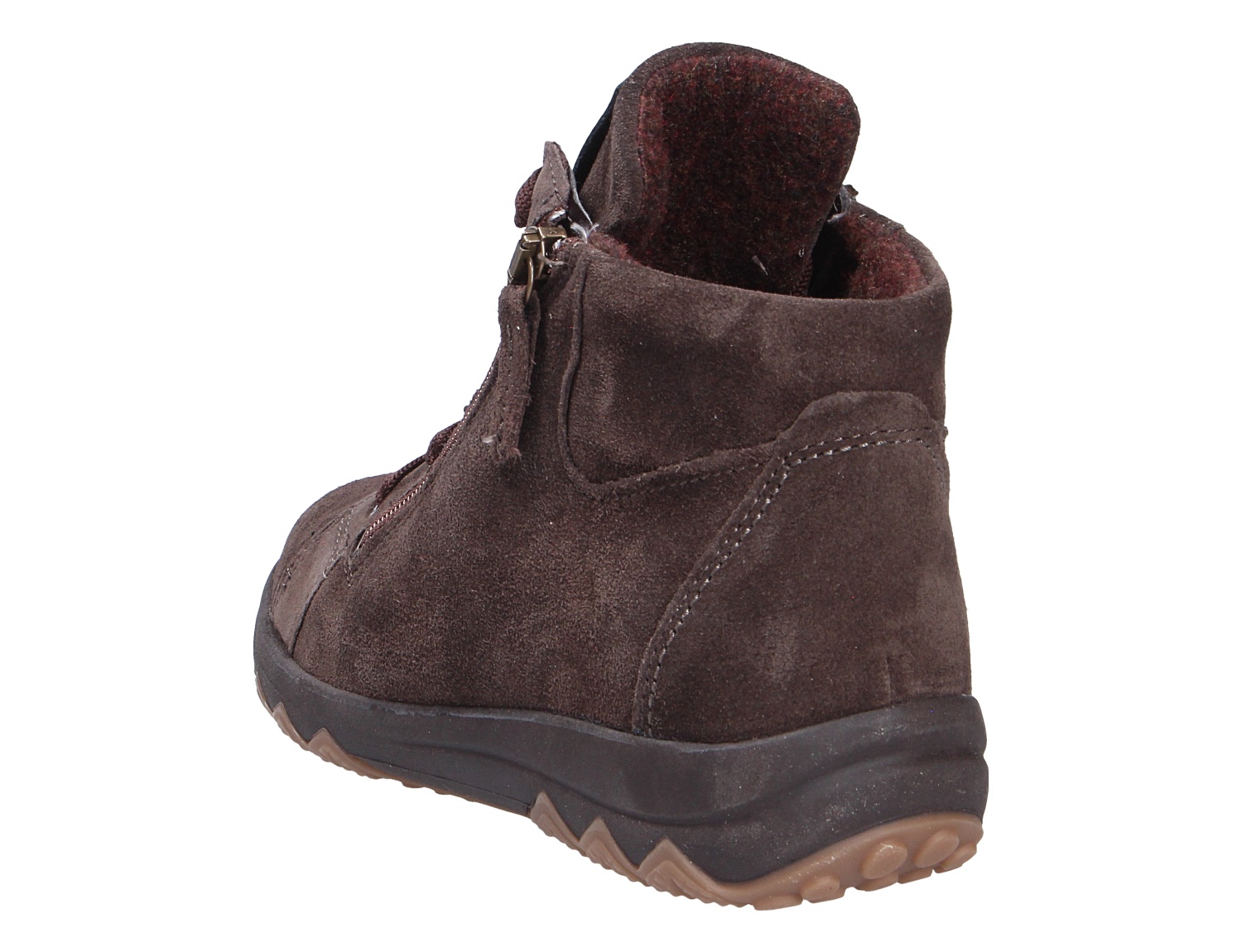Rückansicht der Waldläufer H-Teresa Damen-Stiefelette aus braunem Veloursleder mit Reißverschluss und profilierter Sohle