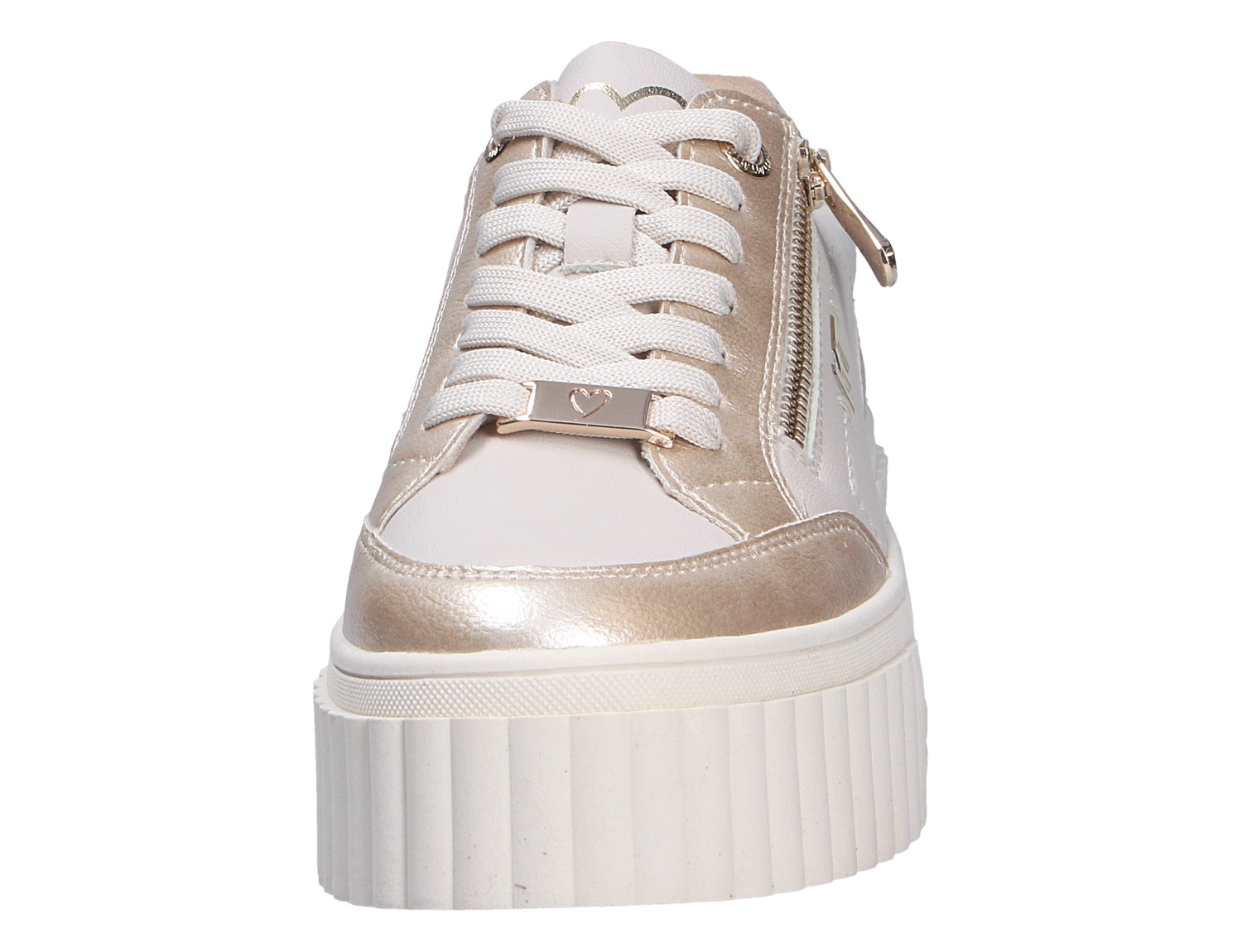 Frontansicht des Marco Tozzi Damen Sneakers in Beige-Metallic mit weißer Schnürung, seitlichem Reißverschluss und markanter Plateausohle
