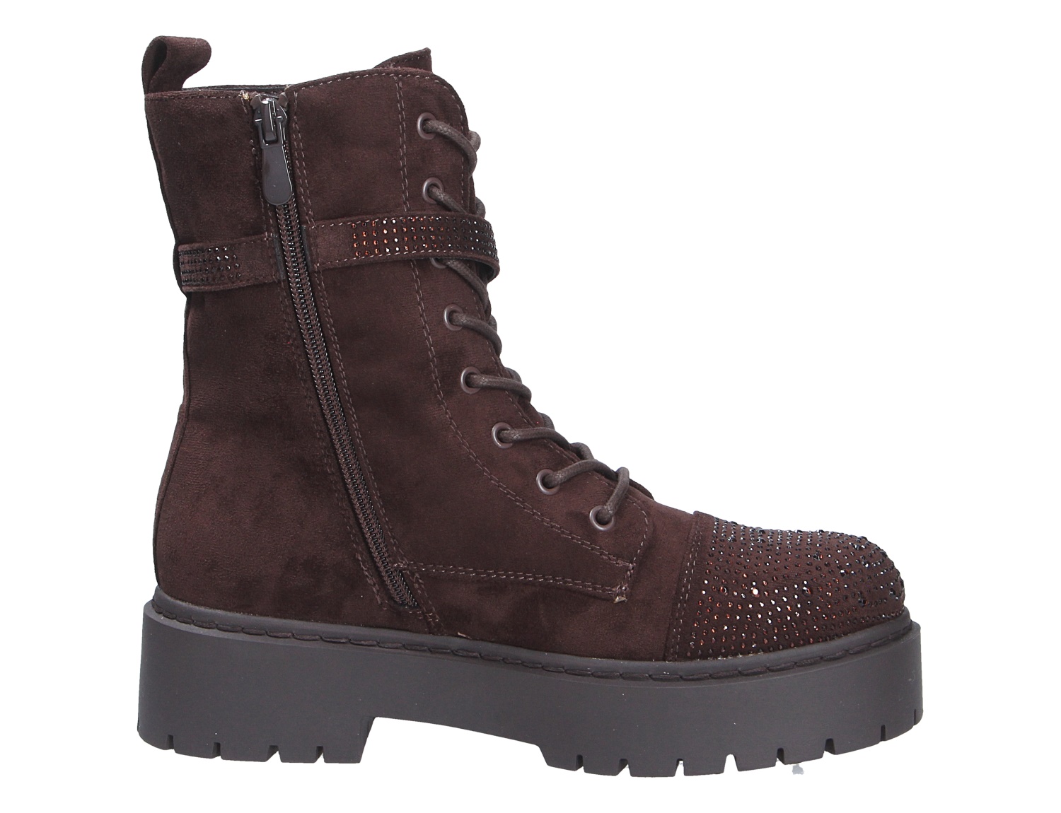 La Strada Damen Stiefel in Braun aus Veloursoptik mit Schnürung, seitlichem Reißverschluss, Strassdetails und markanter Profilsohle