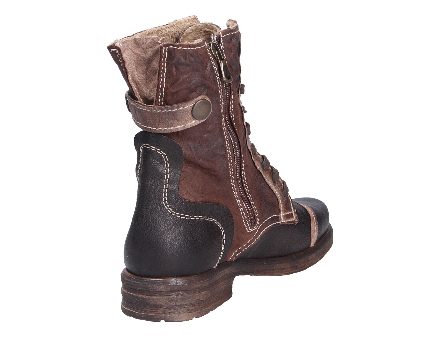 Rückansicht der Charme Etnic 26 Damen-Stiefelette in Braun-Schwarz mit Reißverschluss, Schnürung, Zierstrap und robuster Sohle