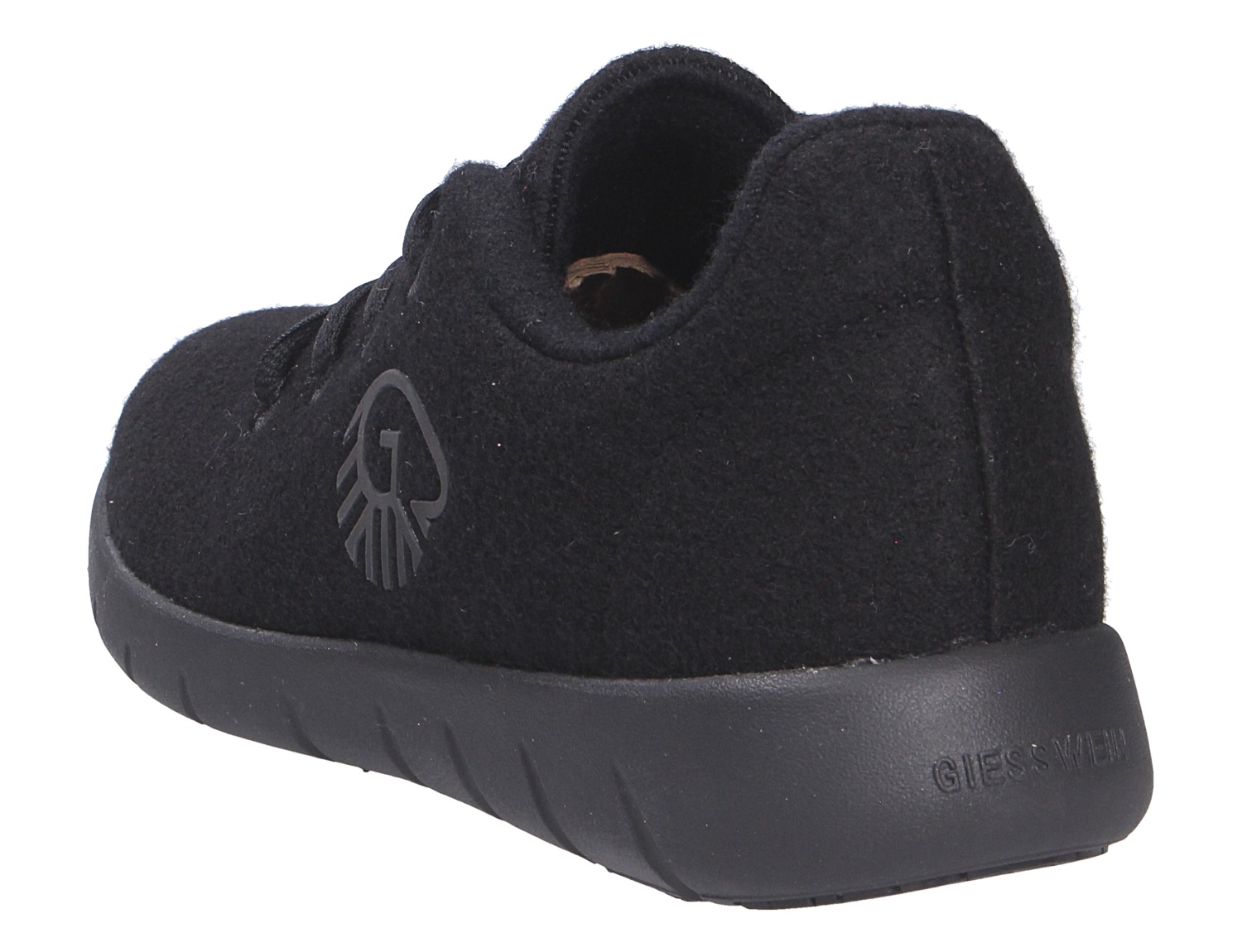 Rückansicht des schwarzen Giesswein MERINO RUNNERS WOMEN Damen-Sneakers aus Merinowolle mit leichter Sohle und Logo-Detail
