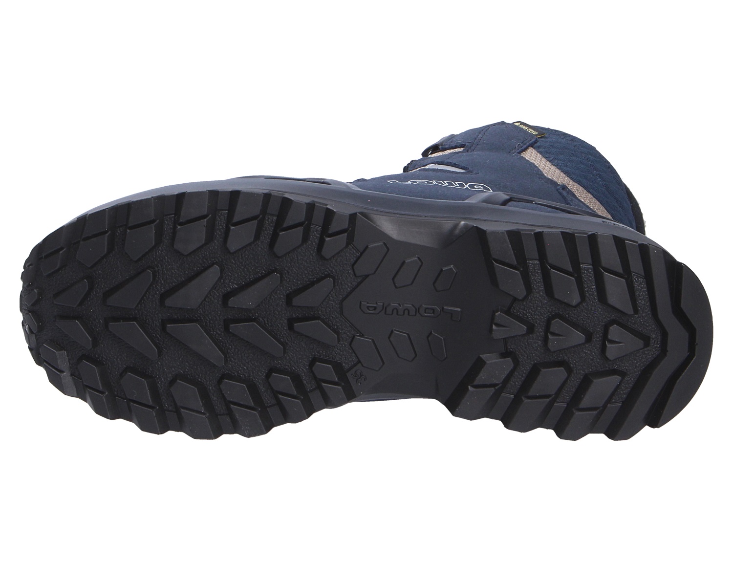 Unteransicht der griffigen Profilsohle des Lowa MILO EVO GTX HI BOA JR Kinder-Outdoorschuhs in Dunkelblau