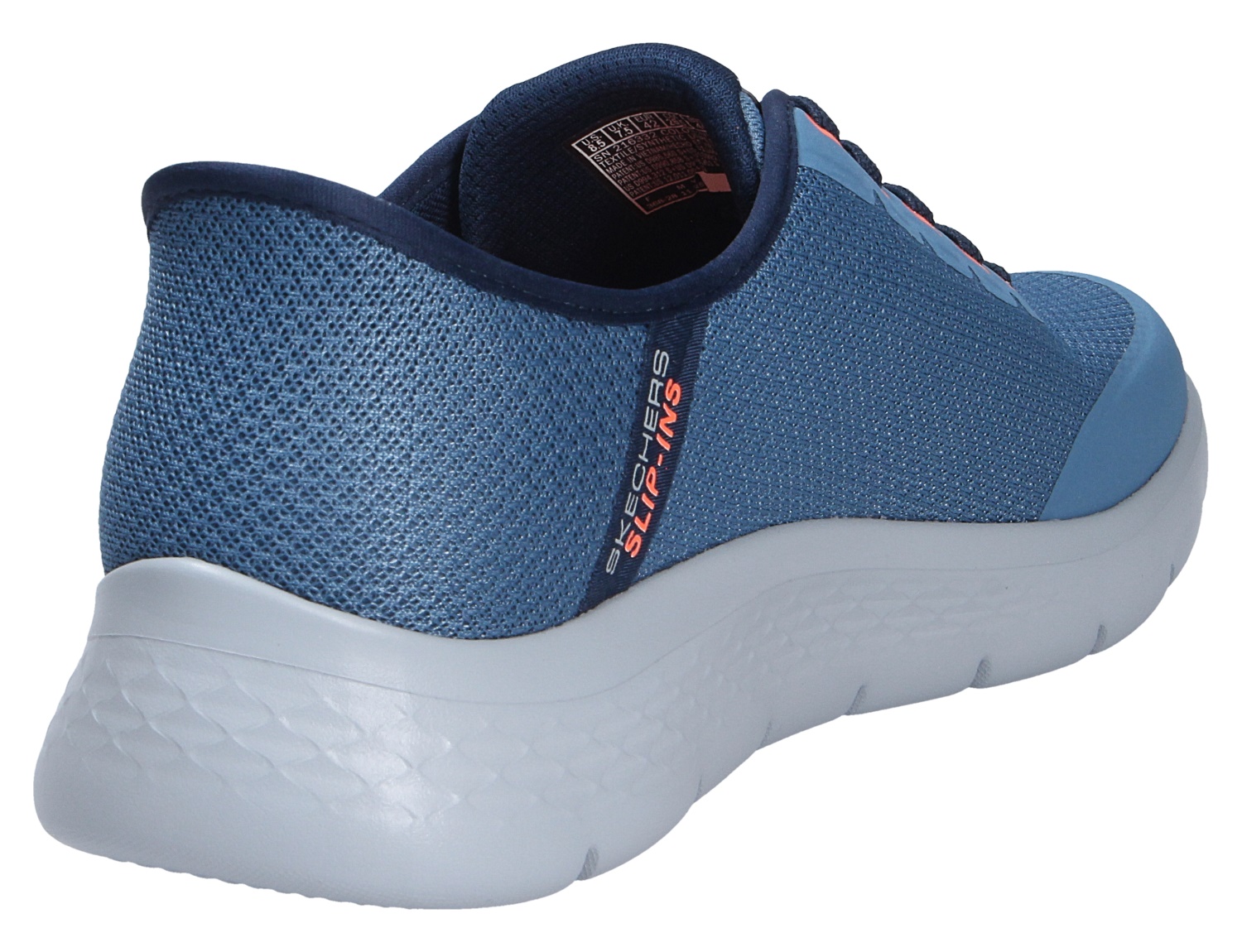 Skechers Herren Sneaker in Blau mit weißer Laufsohle, Rück- und Seitenansicht des leichten Freizeitschuhs