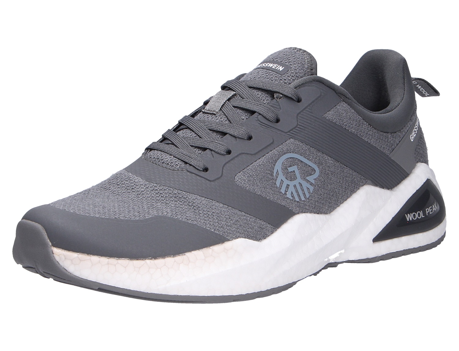 Giesswein WOOL PEAK MEN Herren-Sneaker in Grau, Seitenansicht mit sportlichem Strickobermaterial und weißer Dämpfungssohle