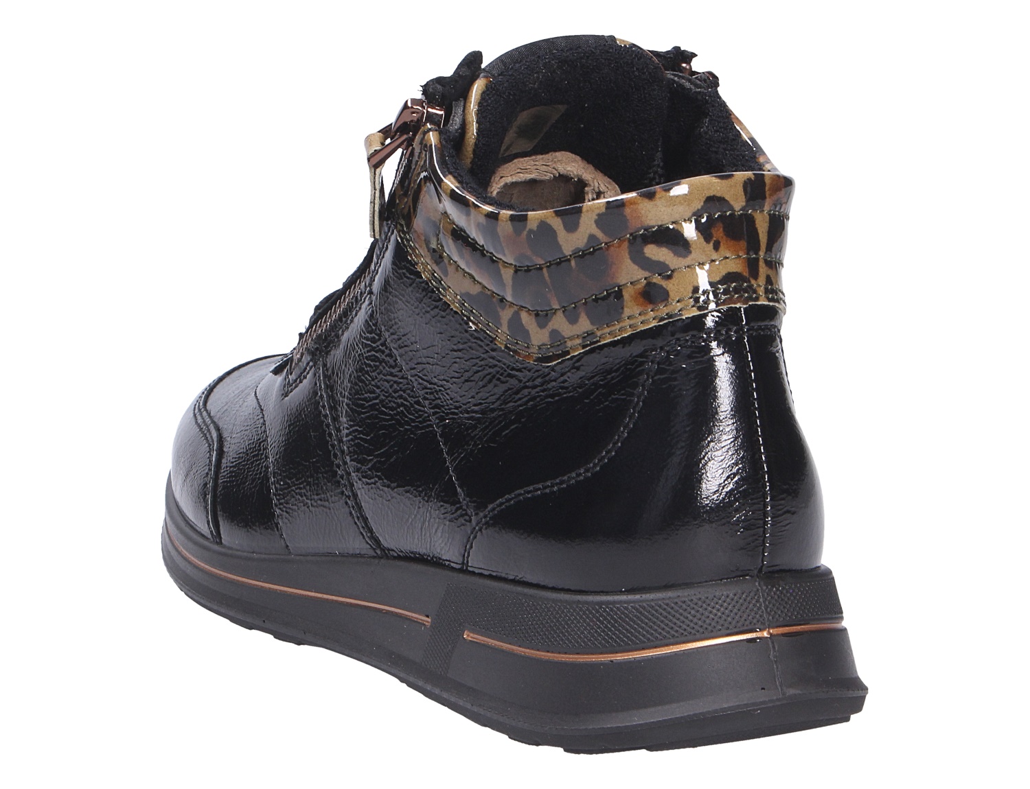 Rückansicht der Ara OSAKA Sneaker-Bootie aus schwarzem Lackleder mit seitlichem Reißverschluss, gepolstertem Schaft und Leo-Detail am Kragen