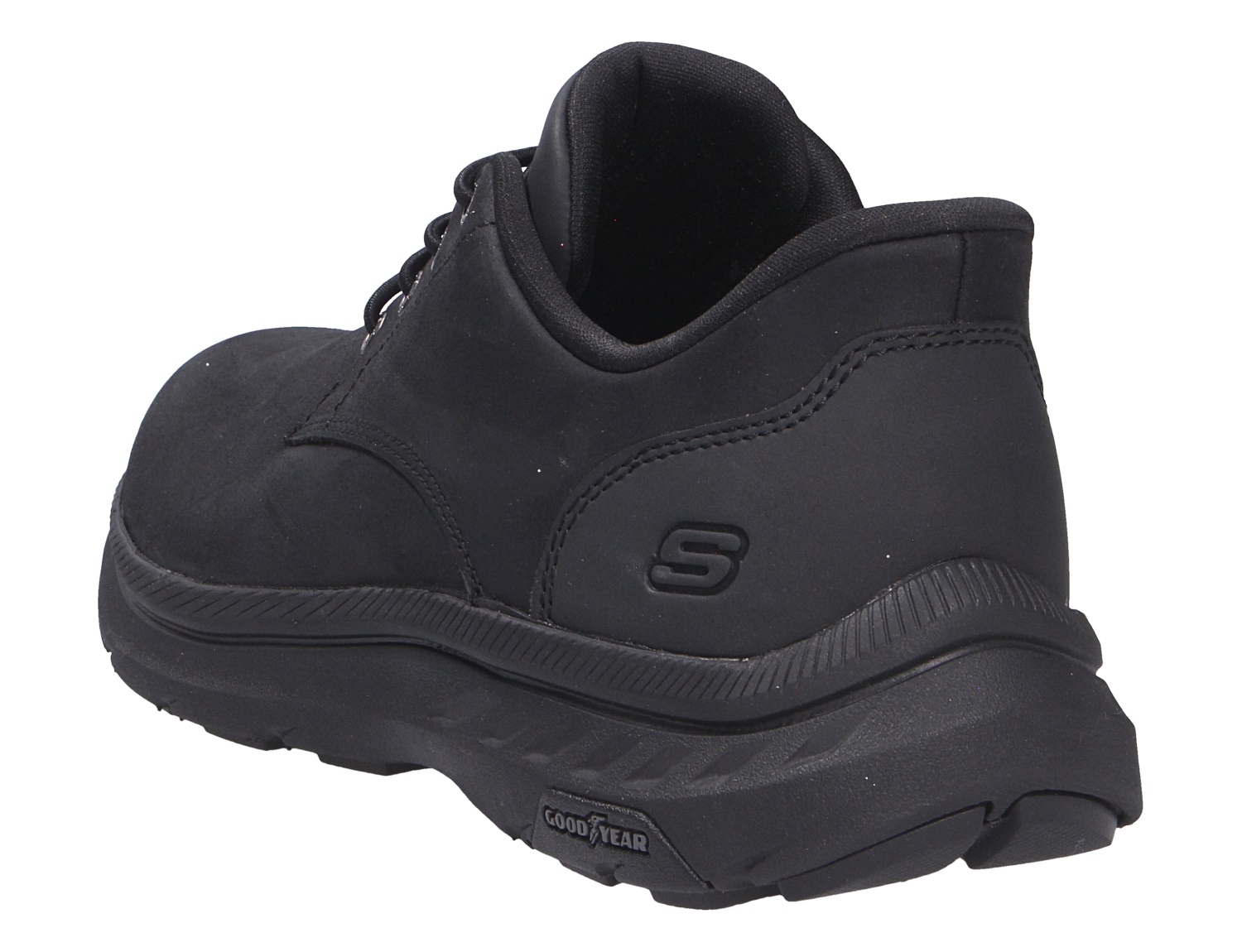 Skechers Herren Halbschuhe in Schwarz, Rück- und Seitenansicht mit gepolstertem Schaft und robuster Goodyear-Sohle