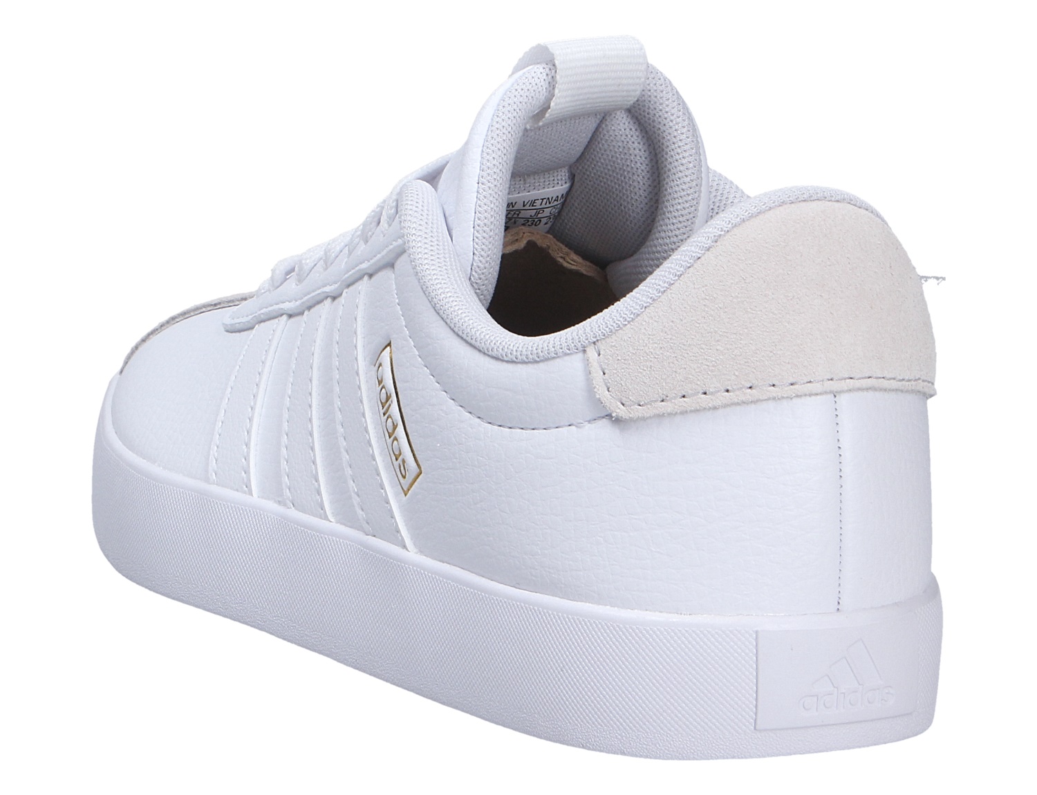 Adidas VL COURT 3.0 Sneaker in Weiß mit klassischem 3-Streifen-Design, gepolstertem Schaft und heller Cupsohle in Seiten- und Rückansicht