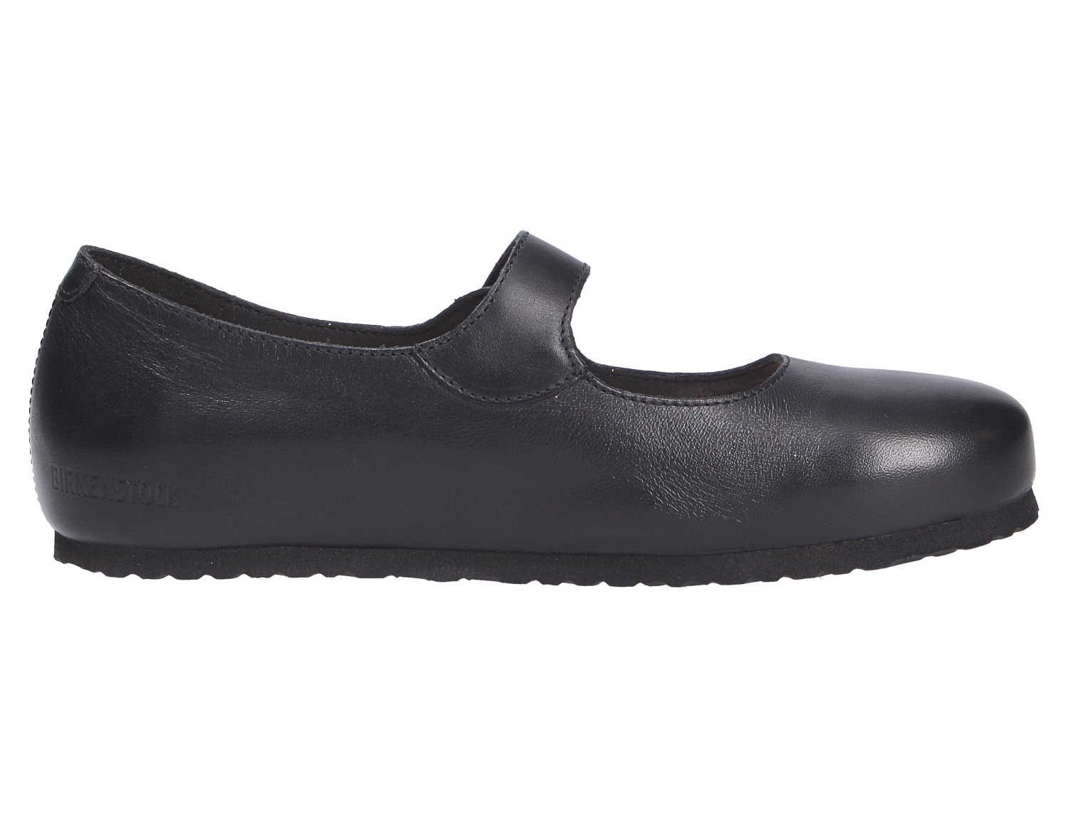 Birkenstock Santa Clarita, schwarzer Damen-Ballerina aus glattem Leder mit Riemen, Seitenansicht