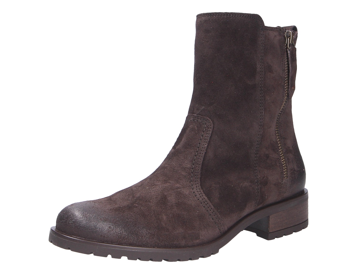 Paul Green Damen Stiefel aus dunkelbraunem Veloursleder mit Blockabsatz, Profilsohle und seitlichem Reißverschluss