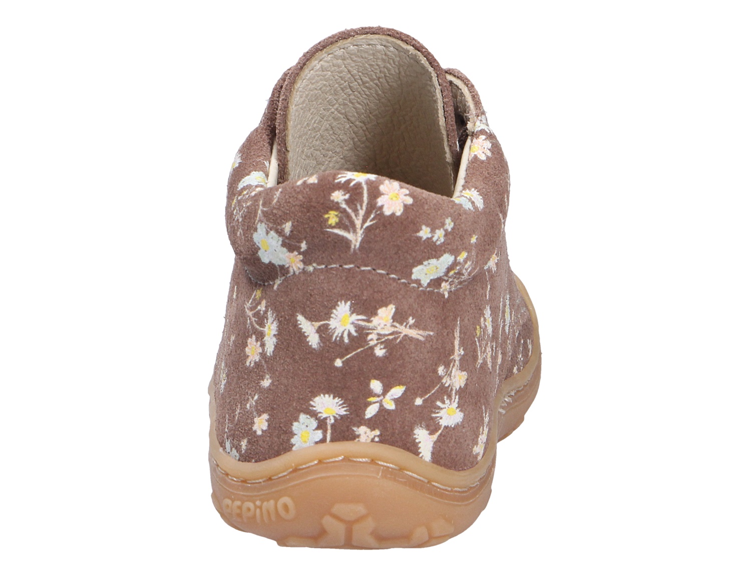 Rückansicht des Ricosta Cory Kinderlauflernschuhs in Braun aus Veloursleder mit floralem Print und flexibler Sohle