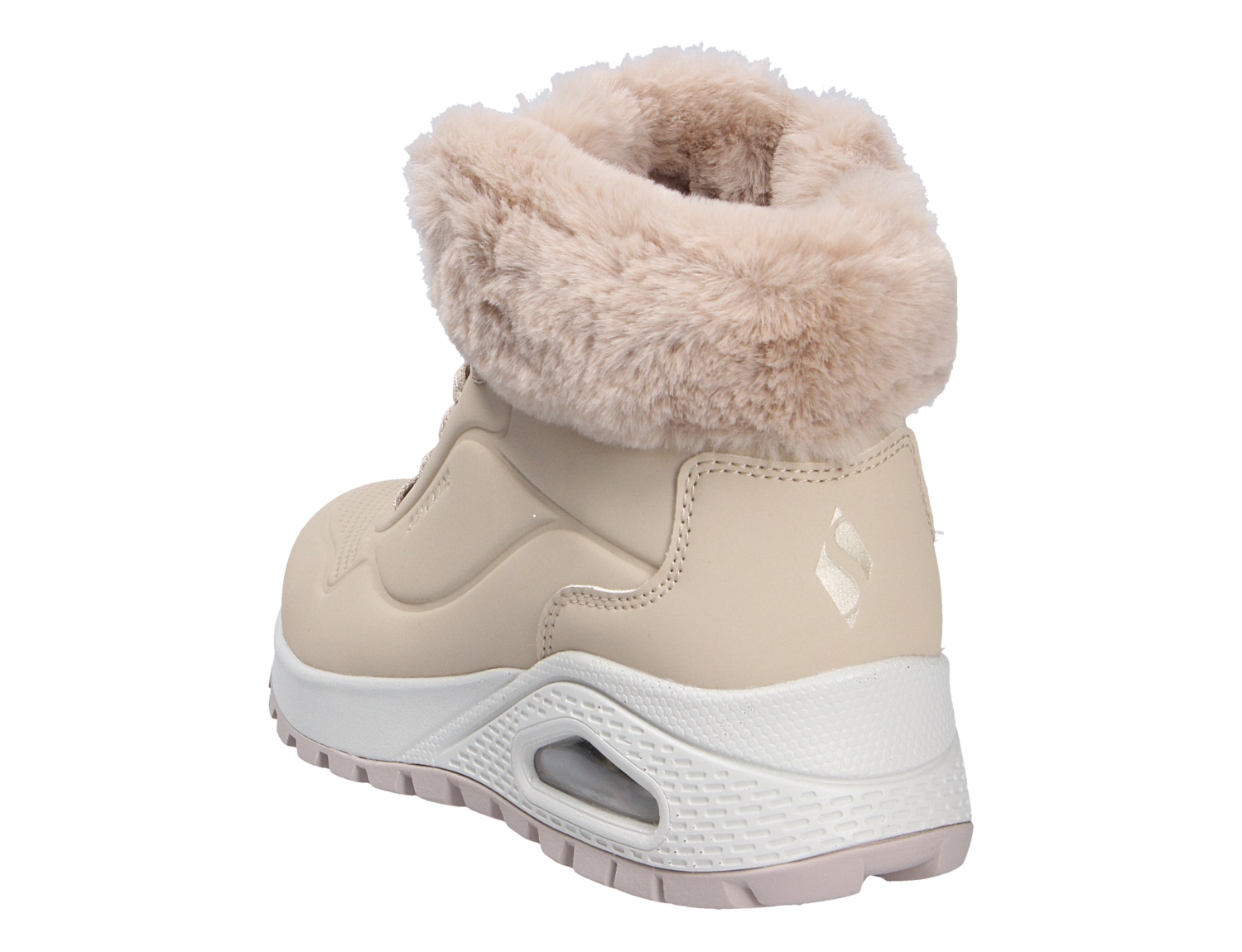 Rückansicht des Skechers Uno Rugged Winter-Sneakers in Beige mit weichem Kunstfellkragen und markanter Profilsohle
