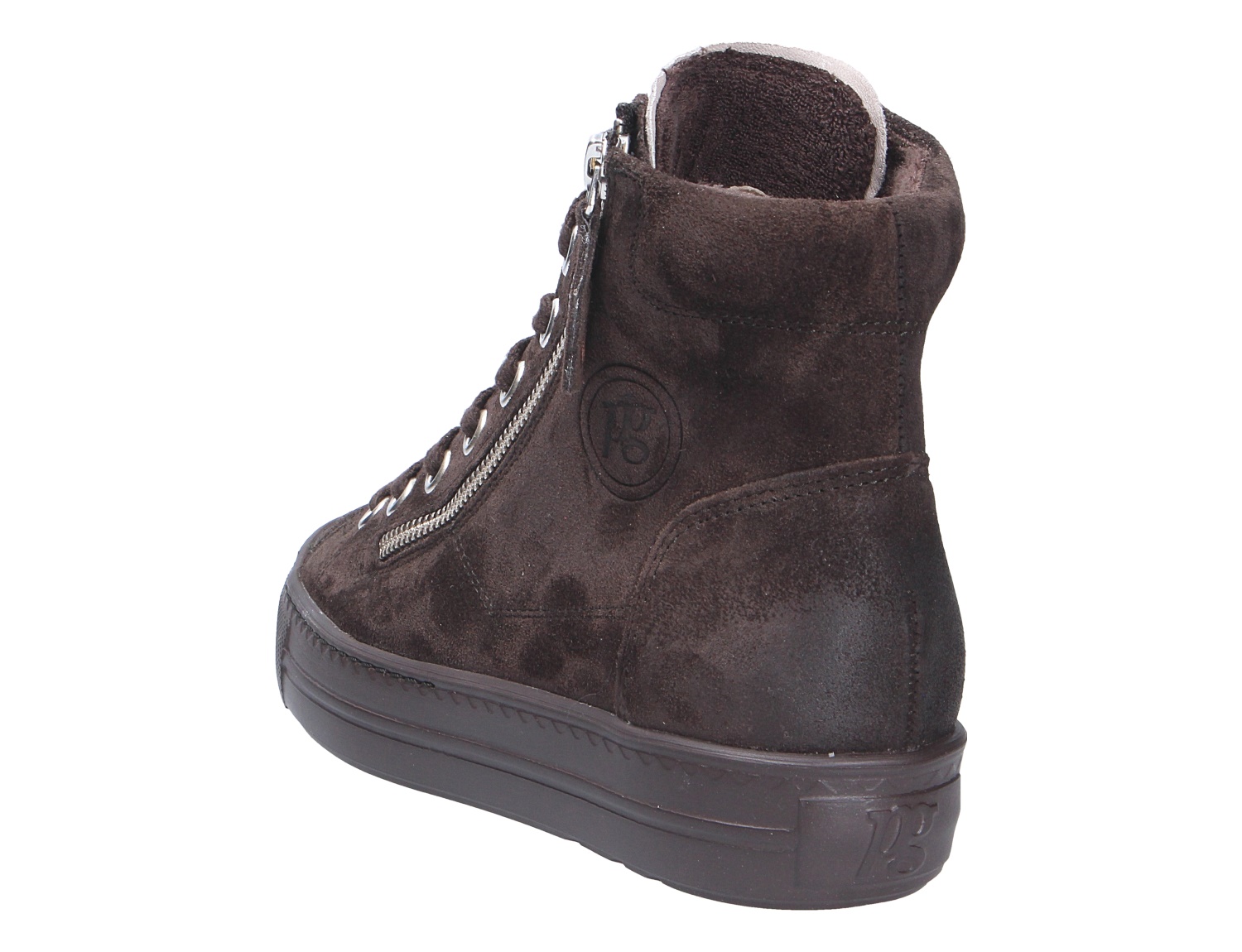 Paul Green Damen Sneaker als High-Top in dunkelbraunem Veloursleder, mit Schnürung, seitlichem Reißverschluss und dunkler Plateausohle
