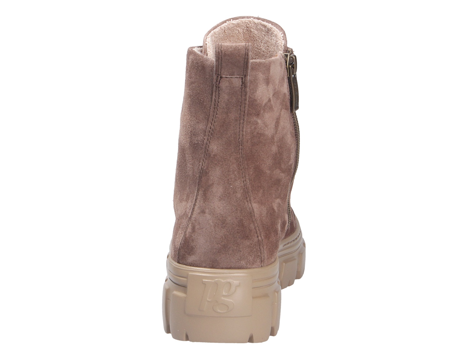 Rückansicht der Paul Green Damen Schnürschuhe aus braunem Veloursleder mit seitlichem Reißverschluss und robuster Profilsohle
