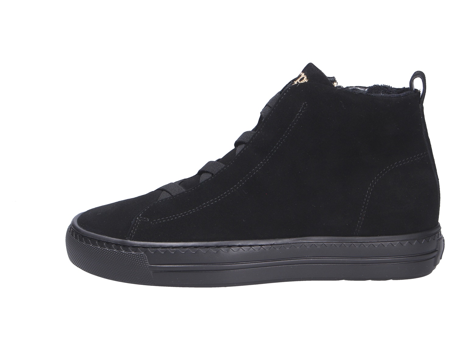 Paul Green Damen Sneaker aus schwarzem Veloursleder, knöchelhoch mit schwarzer Sohle und Schnürung, seitliche Produktansicht