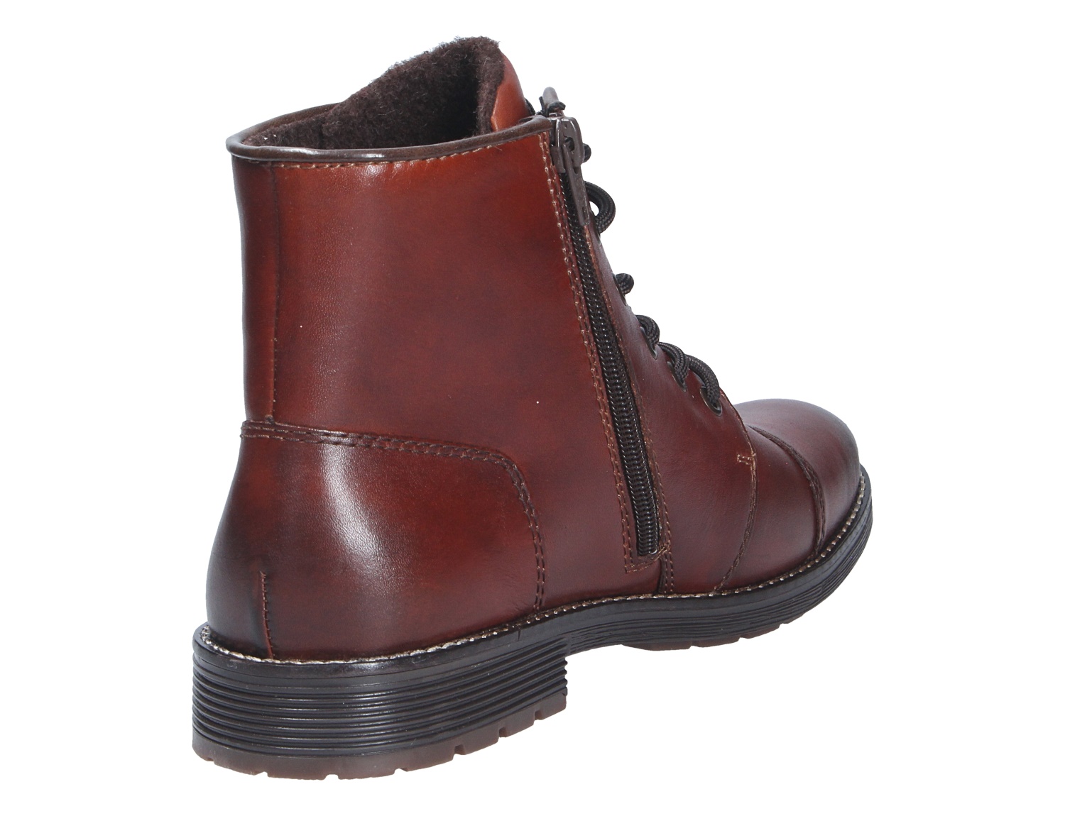 Brauner Rieker Herren Stiefel aus Glattlederoptik, seitlich mit Reißverschluss, Schnürung, warmem Innenfutter und profilierter Sohle, Rückansicht