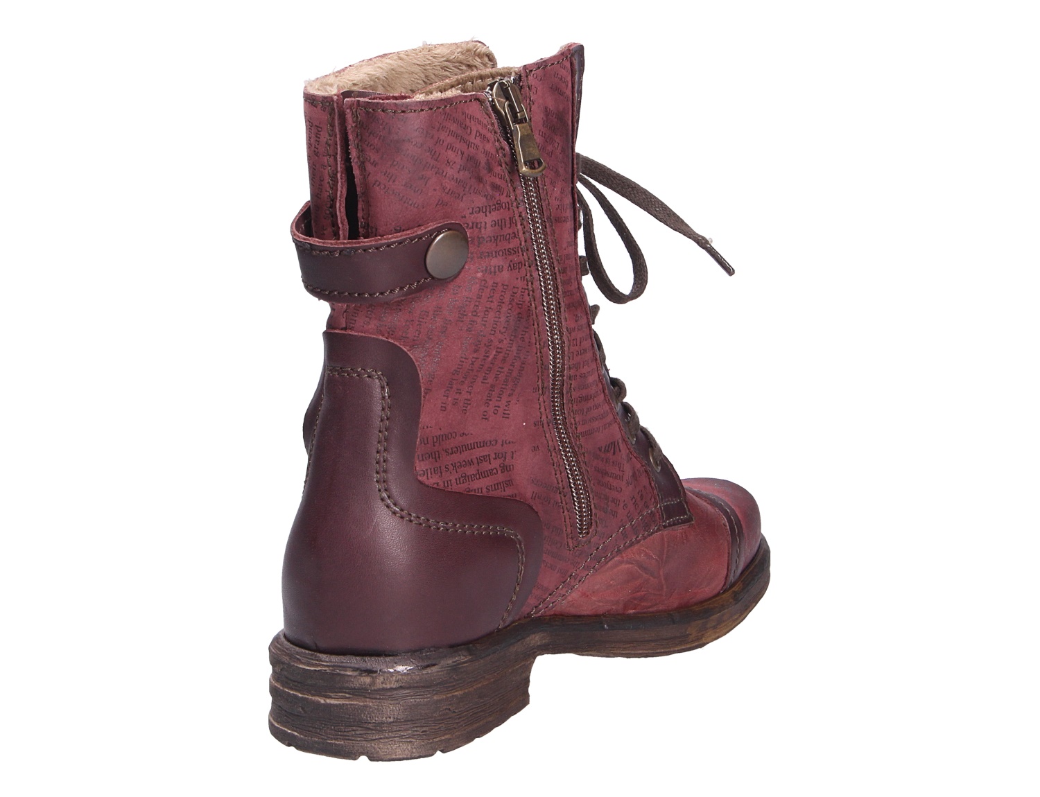 Charme Etnic 26 Damen-Stiefelette in Bordeaux, Rück- und Seitenansicht mit Reißverschluss, Schnürung, Zierprint und warmem Innenfutter
