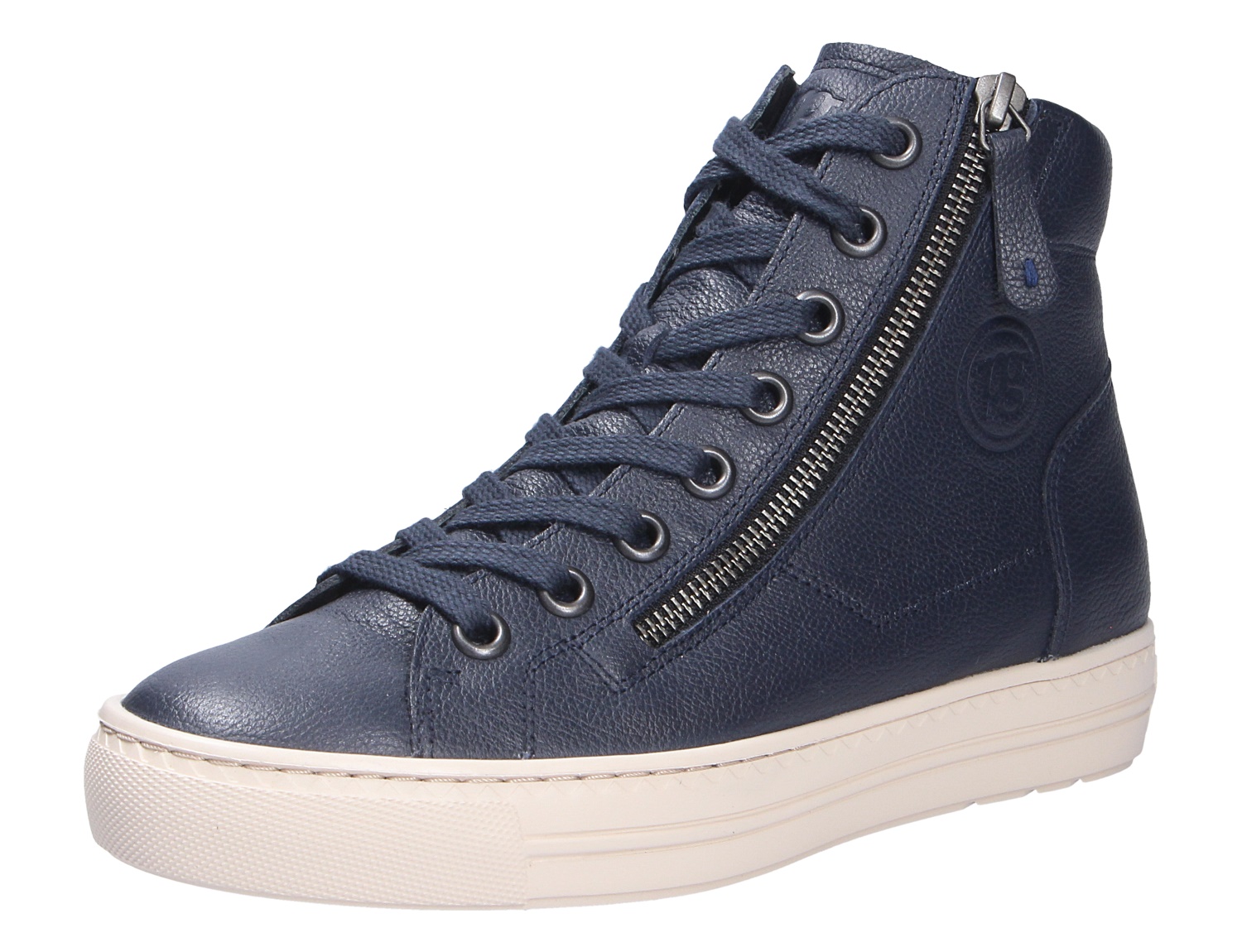 Paul Green Damen Sneaker aus dunkelblauem Leder, hoher Sneaker mit seitlichem Reißverschluss, Schnürung und heller Plateausohle