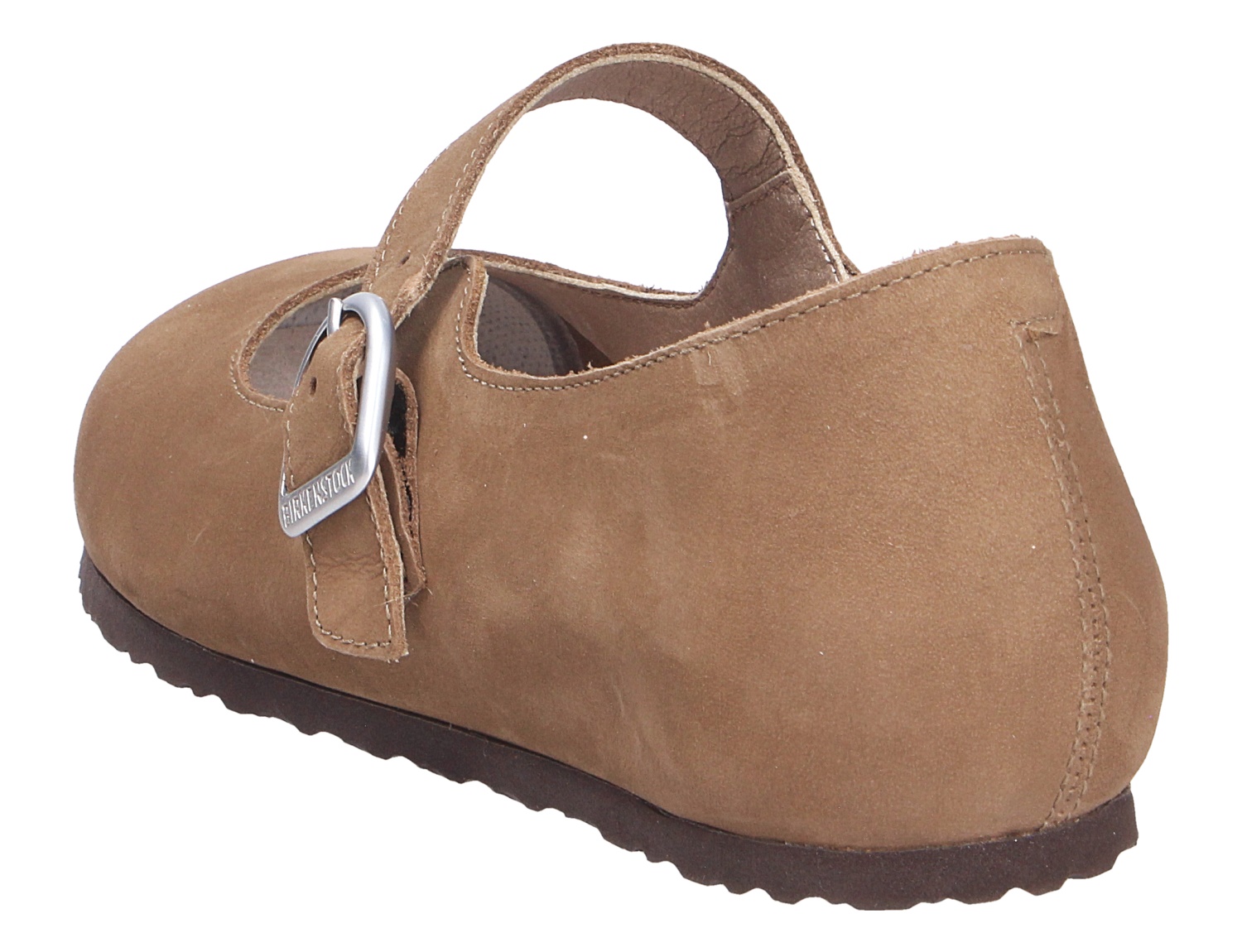 Birkenstock Santa Clarita Damen-Schuh aus braunem Veloursleder, Seitenansicht mit verstellbarem Riemen und markanter Schnalle