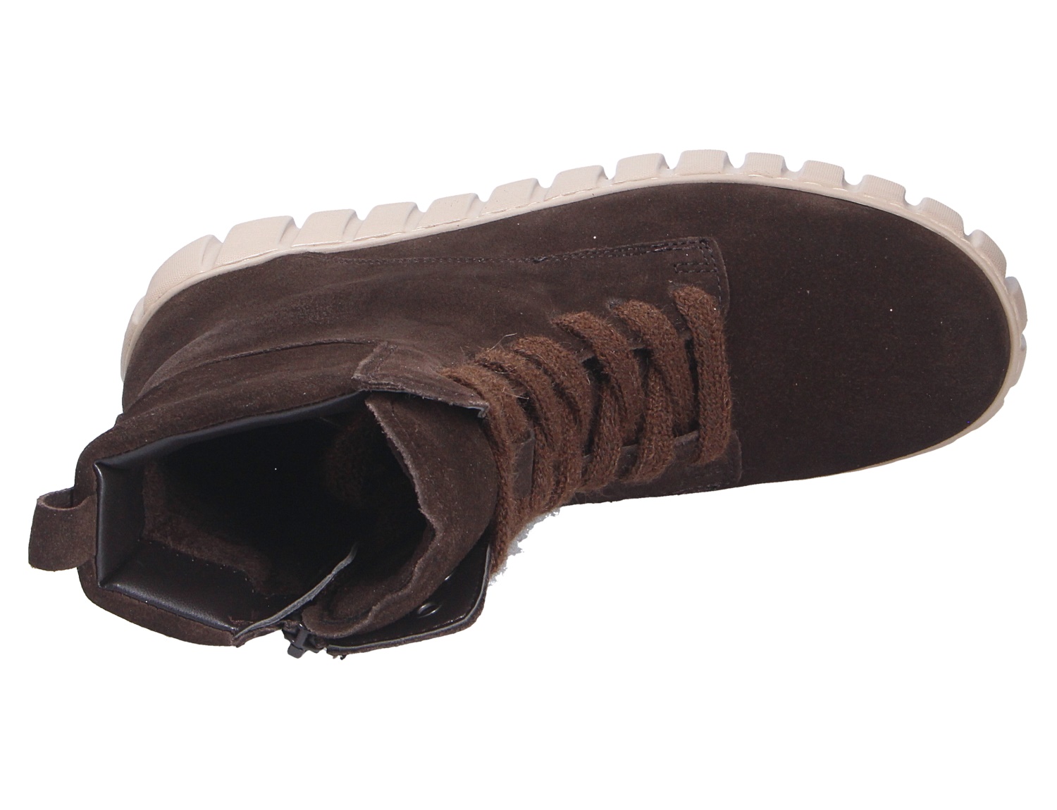 Gabor Damen Stiefel in Dunkelbraun, sportlicher Veloursleder-Stiefel mit Schnürung, Reißverschluss und heller Profilsohle in schräger Draufsicht