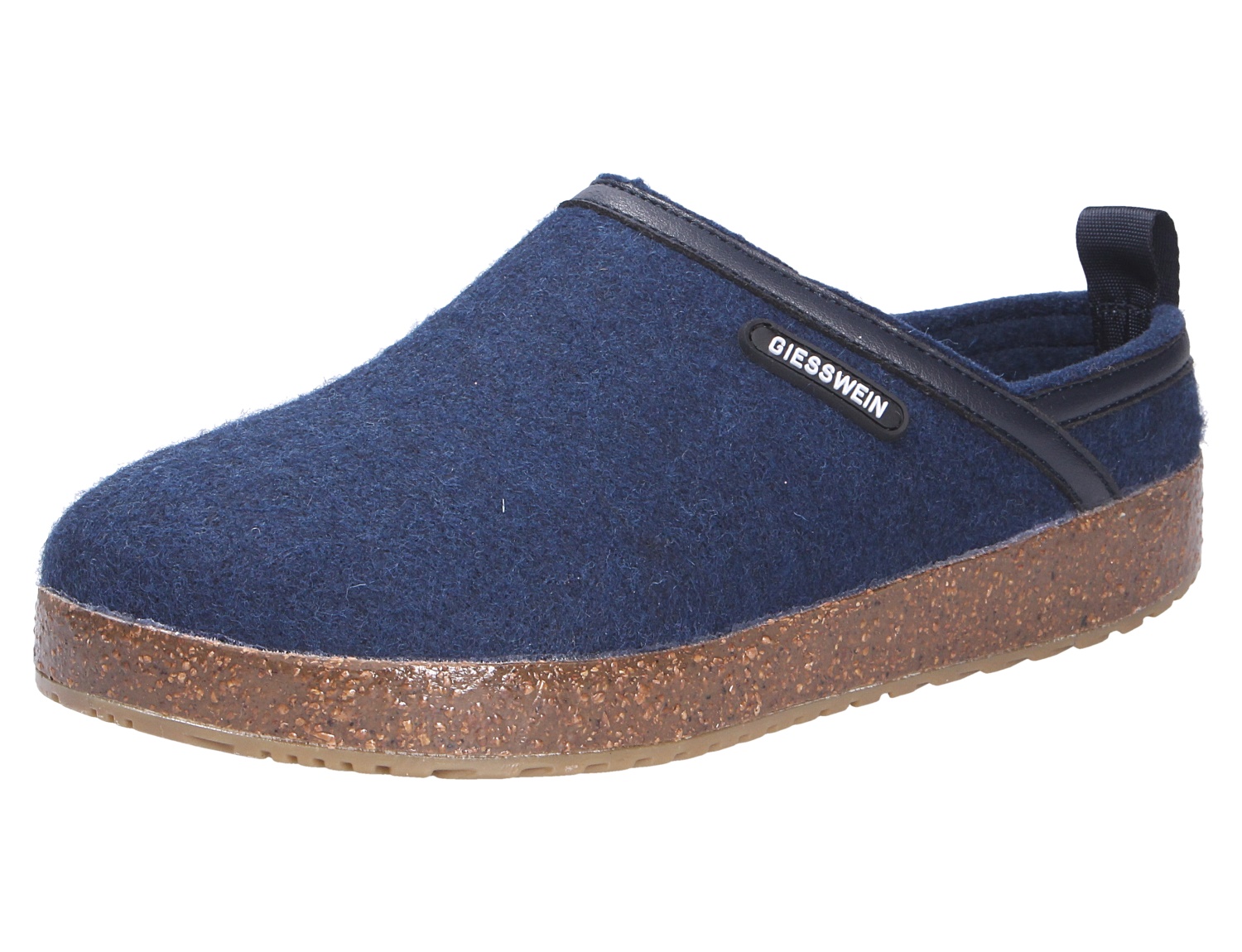 Giesswein WOOL CLOG, dunkelblauer Woll-Clog mit geschlossener Front und brauner Korksohle