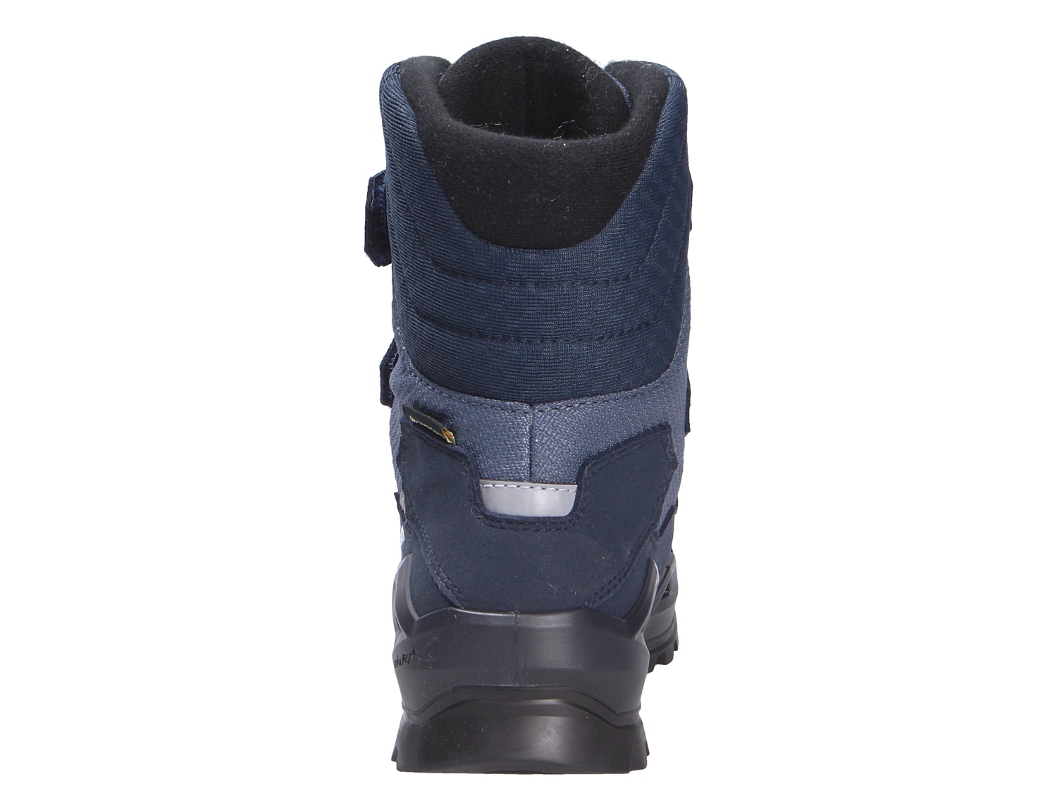 Rückansicht des Lowa MILO EVO GTX HI JR Kinder-Winterstiefels in Dunkelblau mit hohem Schaft, Klettverschluss und robuster Sohle