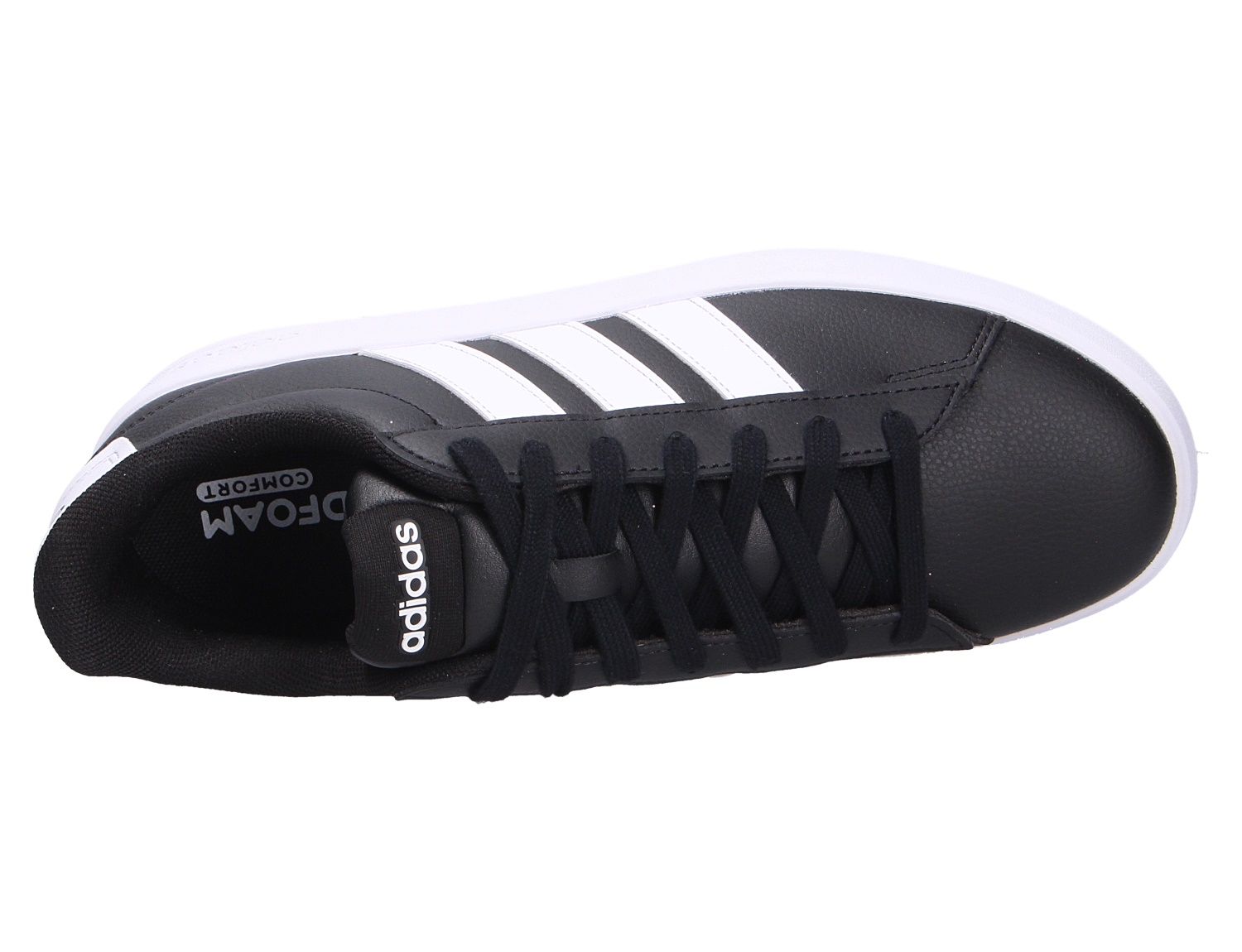 adidas GRAND COURT 3.0 Sneaker in Schwarz mit weißen 3-Streifen und weißer Sohle, Draufsicht