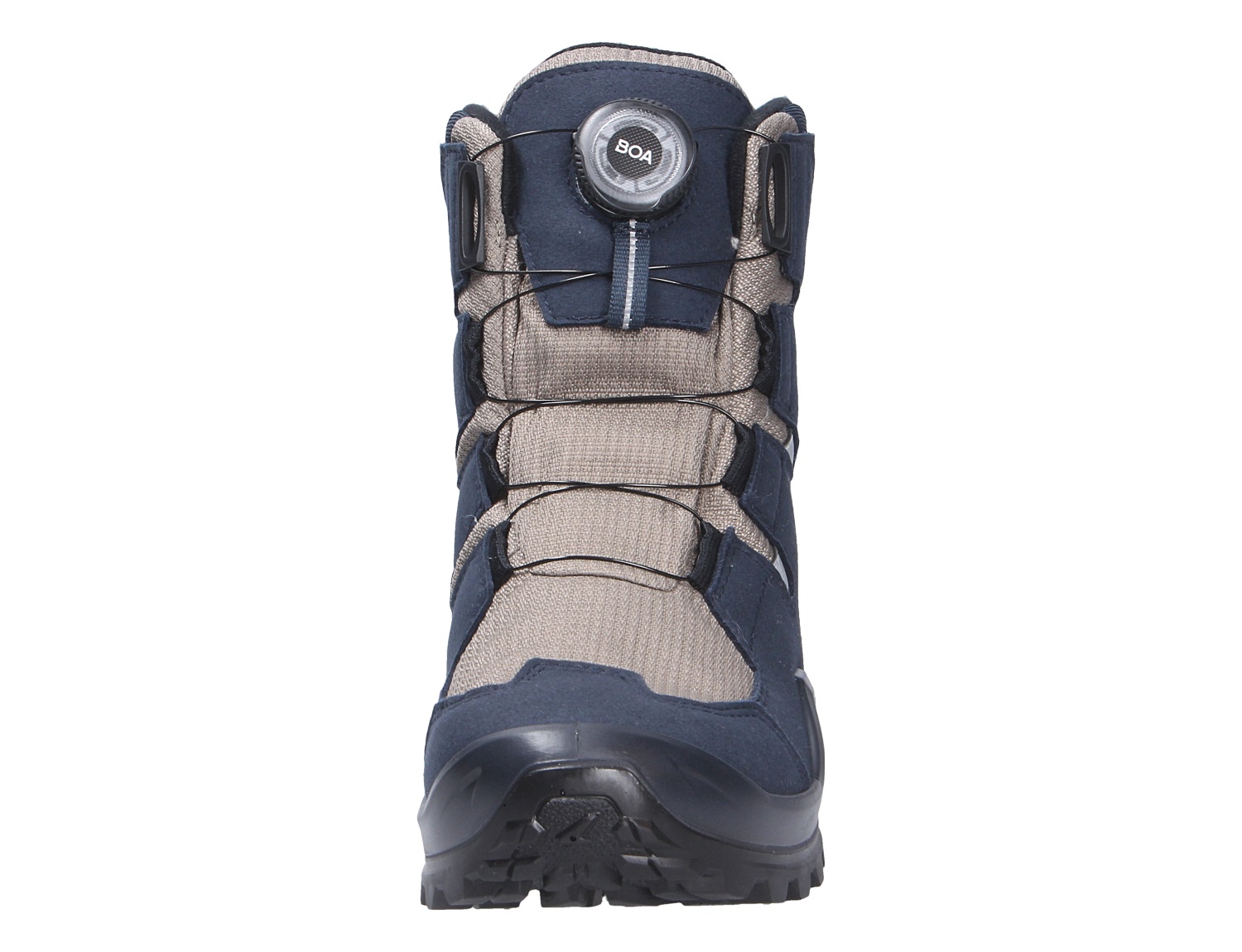 Frontansicht des Lowa MILO EVO GTX HI BOA JR Kinder-Winterstiefels in Blau-Grau mit BOA-Verschluss und griffiger Sohle