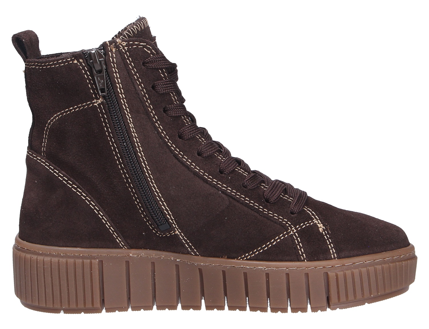 Tamaris Damen Stiefel in Braun aus Veloursleder, seitliche Ansicht mit Schnürung, Reißverschluss und profilierter Sohle