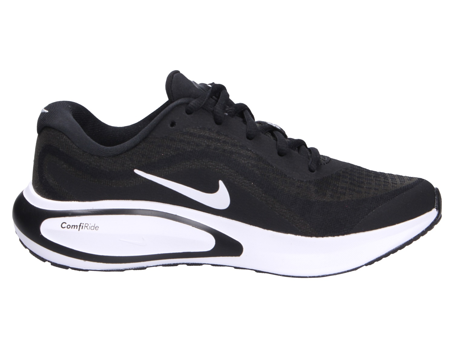 Nike Journey Woman’s Road Damen-Sneaker in Schwarz mit weißer Sohle und Swoosh, sportlicher Alltagsschuh in Seitenansicht